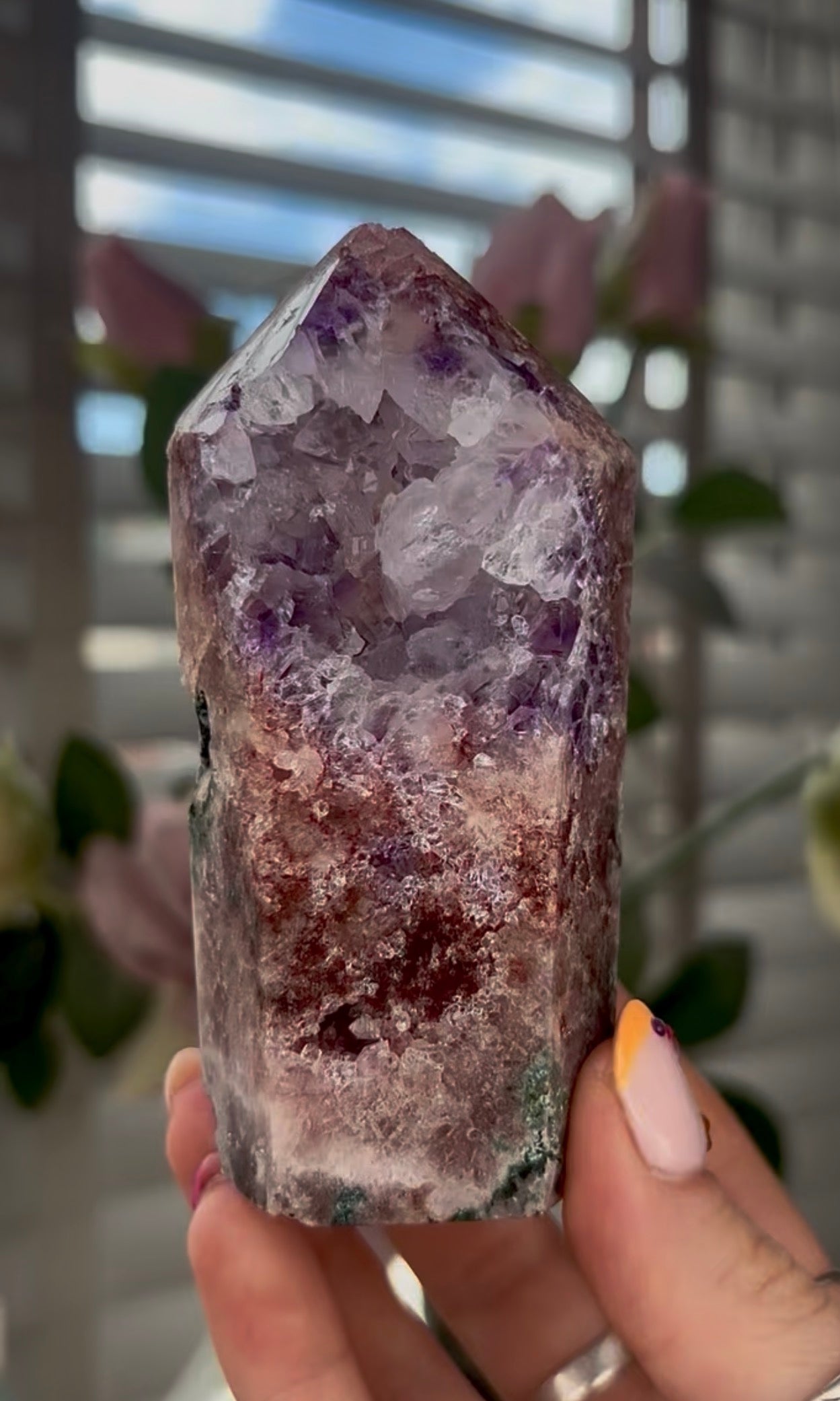 Beautiful, high quality, Pink amethyst tower with purple & quartz druzy with green jasper