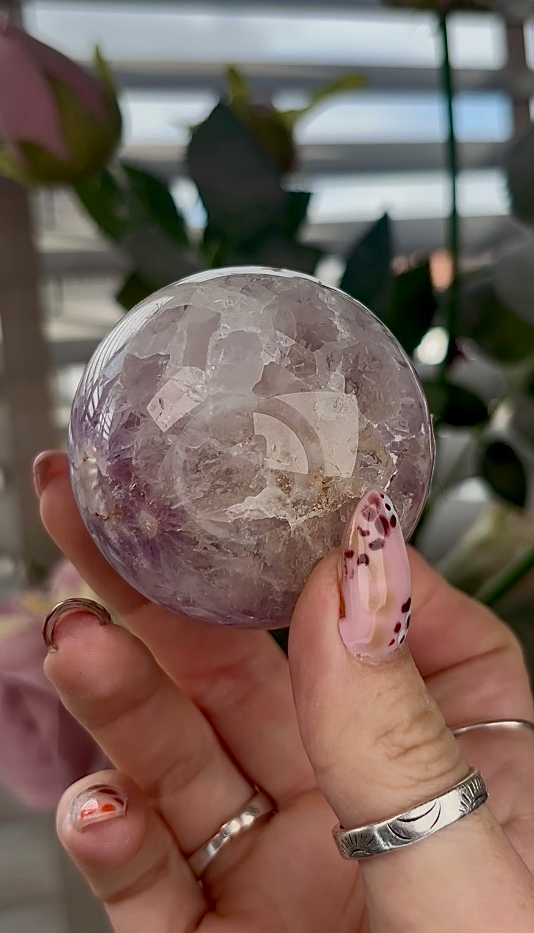 High grade, amethyst Flower agate sphere with druzy quartz- 5.5cm