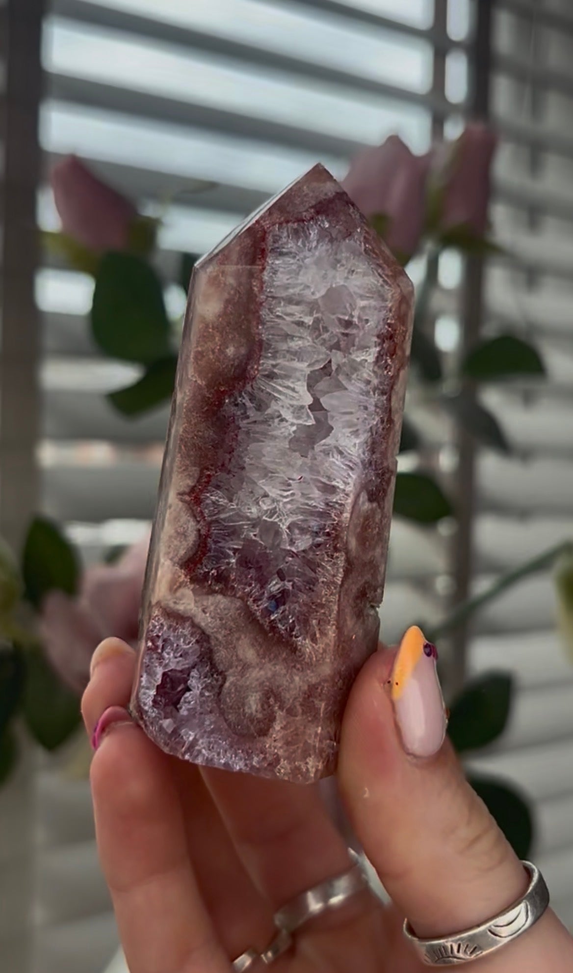 High quality, Pink amethyst tower, with quartz & Green jasper