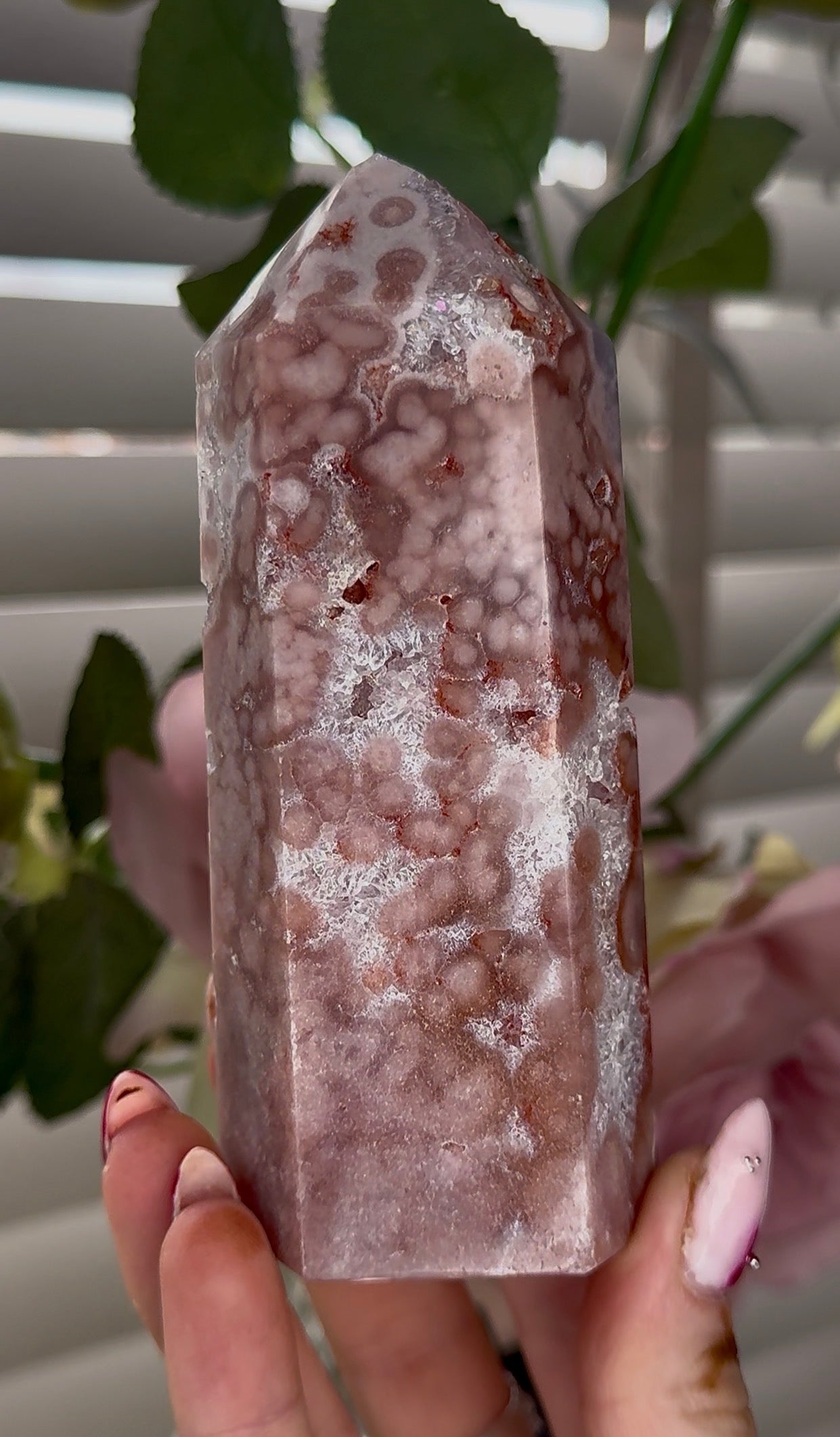 Pink amethyst tower with quartz 17cm by 5cm