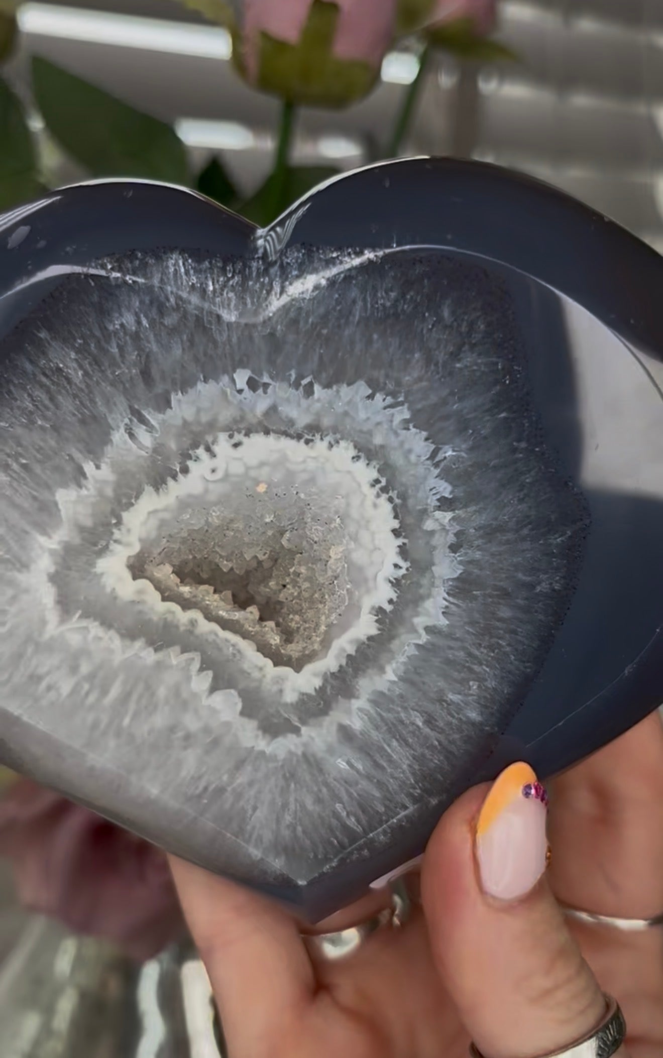 Beautiful, high grade, blue agate heart with druzy - comes with stand