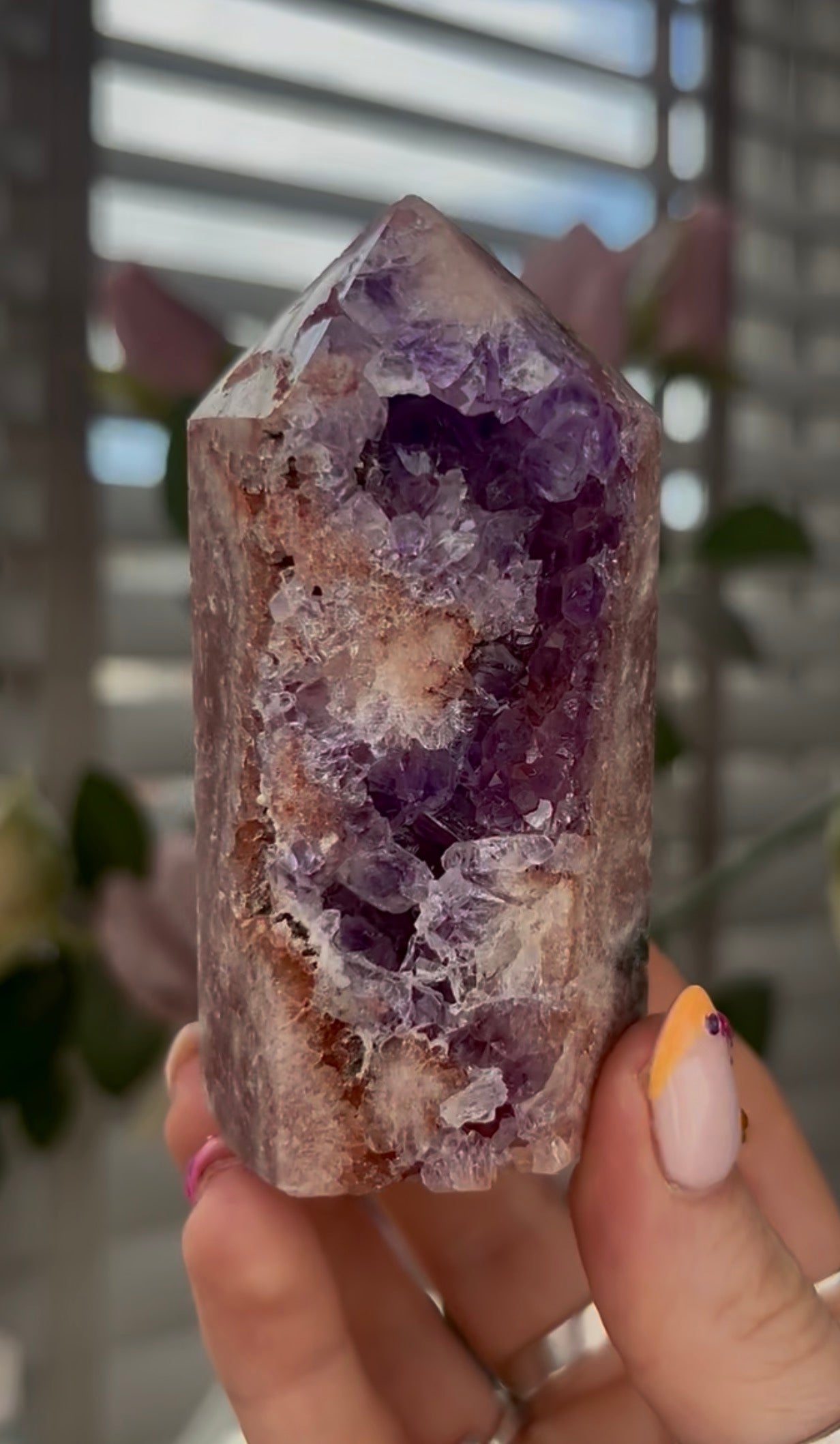 Beautiful, high quality, Pink amethyst tower with purple quartz