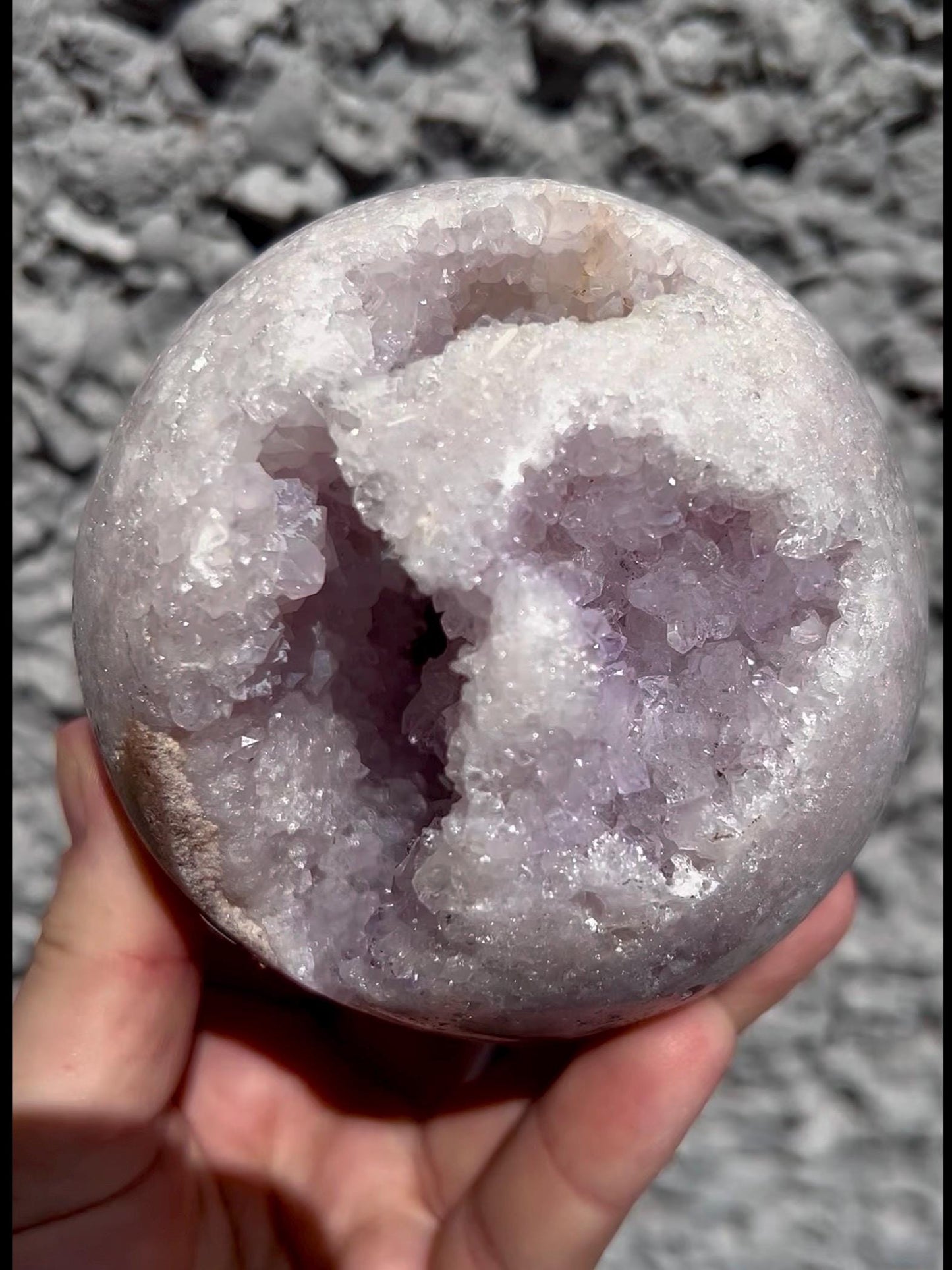 large, snowy, pink amethyst sphere with sugar druzy 870g