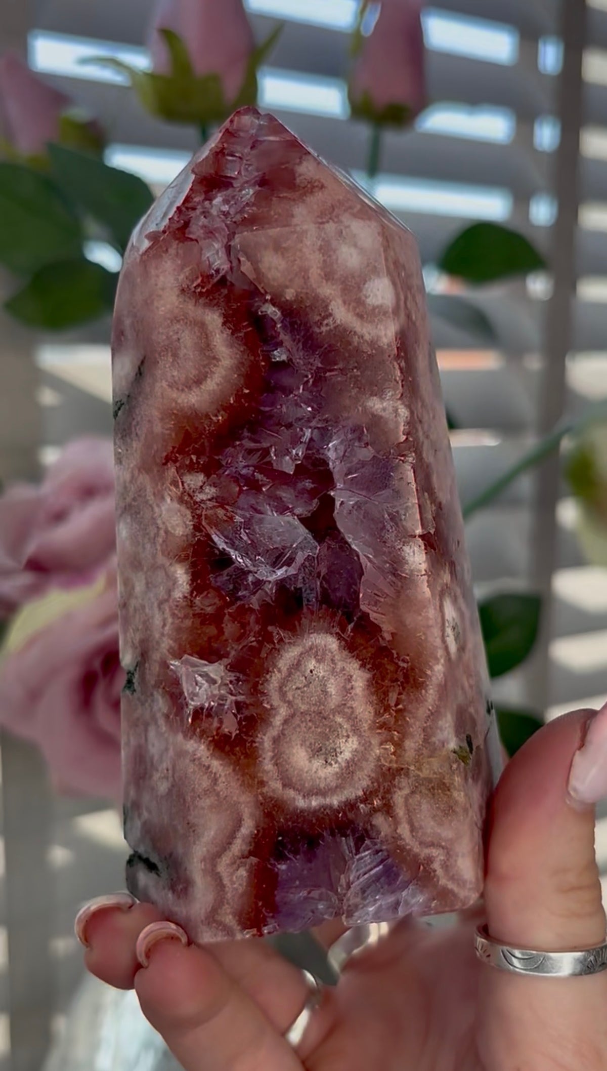 Beautiful, high quality, Pink amethyst tower with red tones & purple quartz 12.8cm