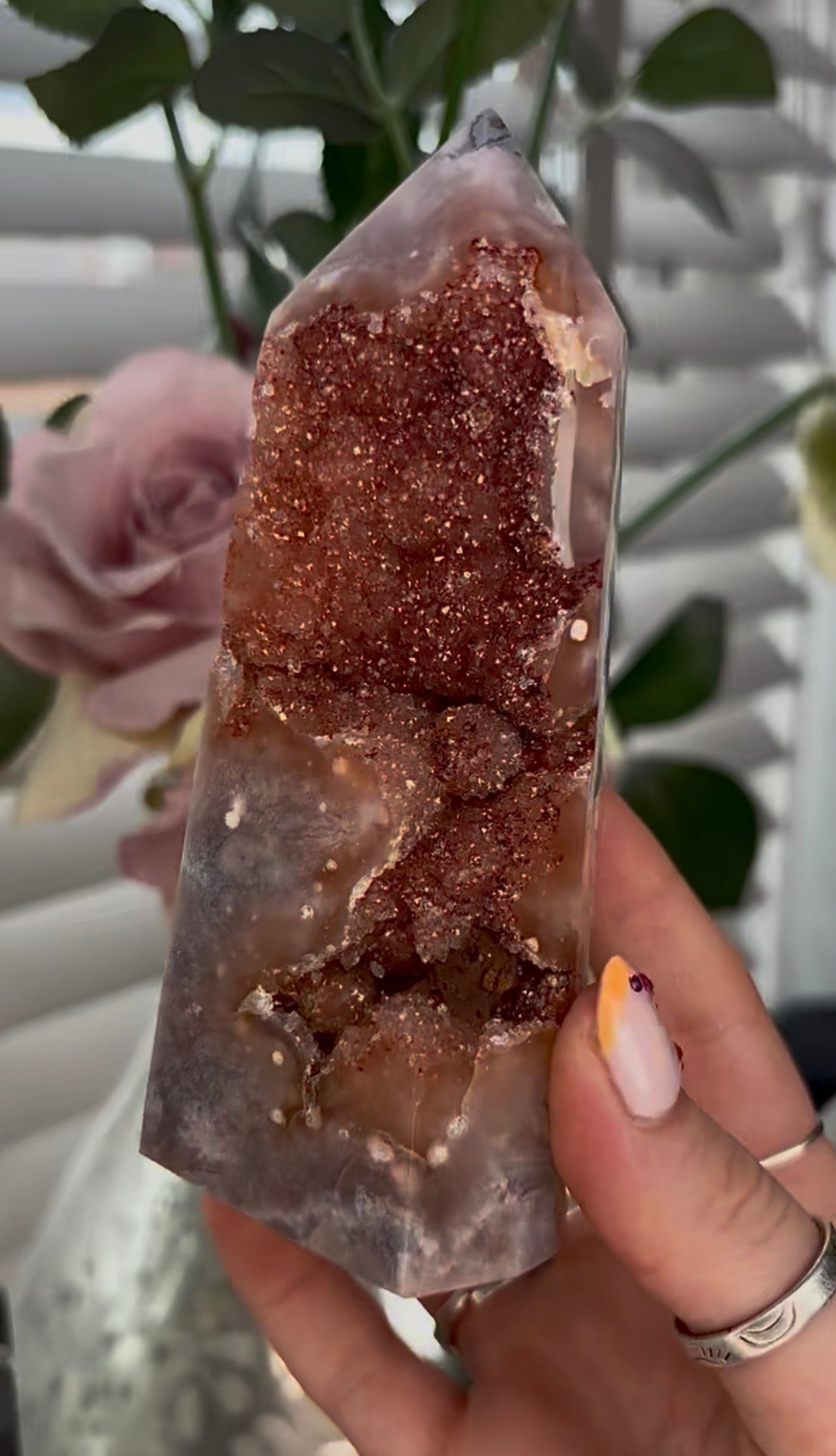 Beautiful, large, high quality, Pink amethyst tower with burnt orange/red druzy
