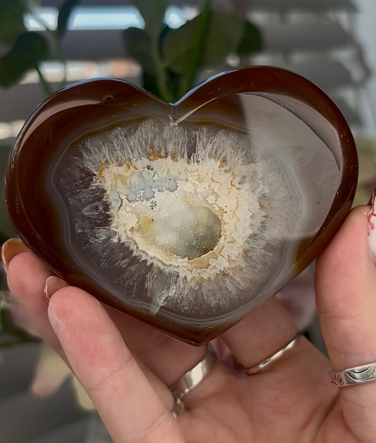 Beautiful, chocolate agate heart with druzy - stand included