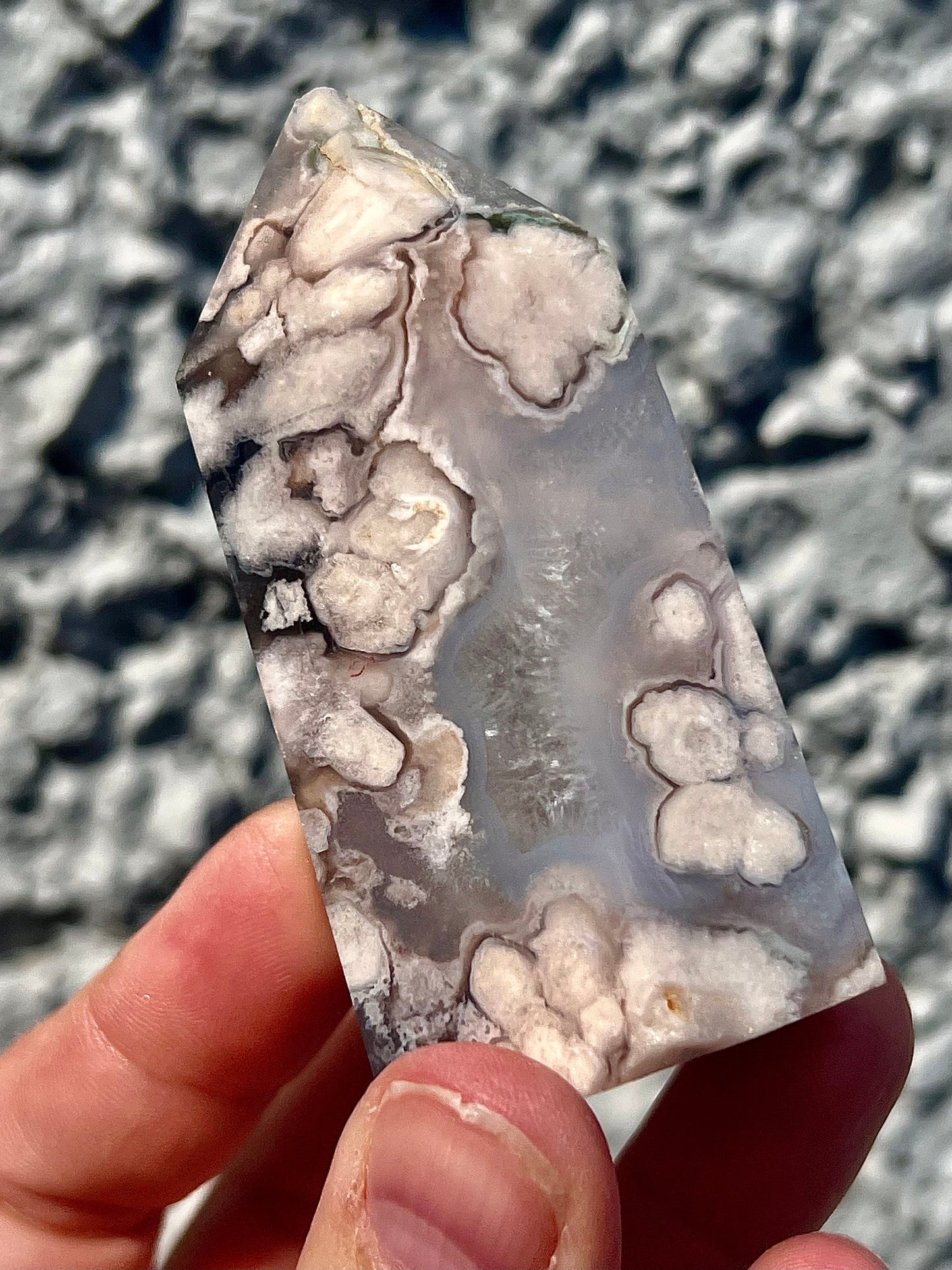 Black & pink flower agate tower - half price due to damaged tip