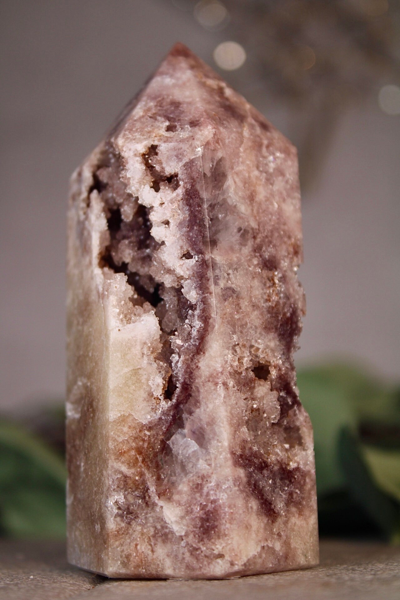 Golden, druzy, pink amethyst tower from brazil 300g 10.5cm (h)
