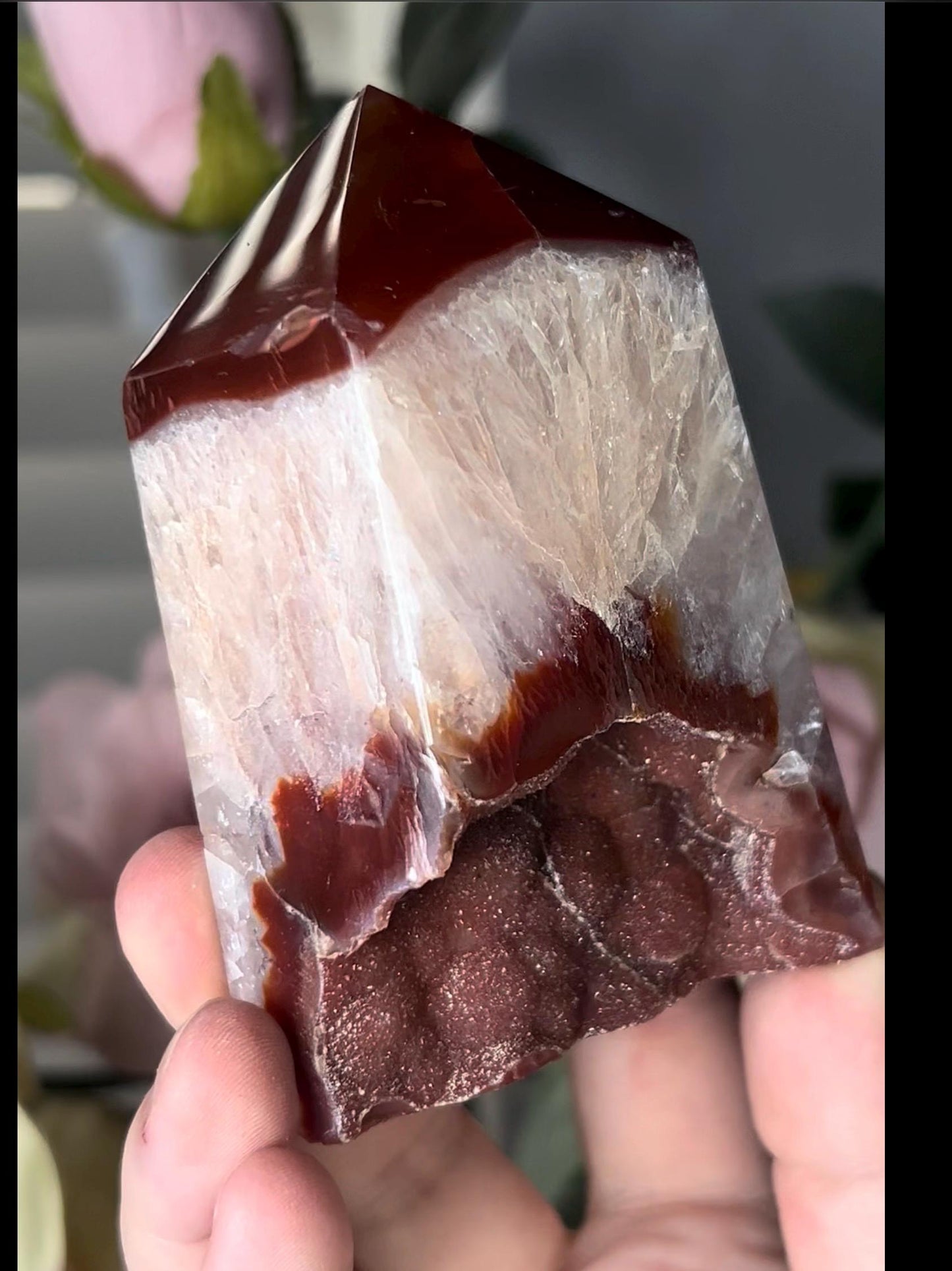 Extra quality, chinky red agate, carnelian tower with quartz & sugar druzy - stands perfectly