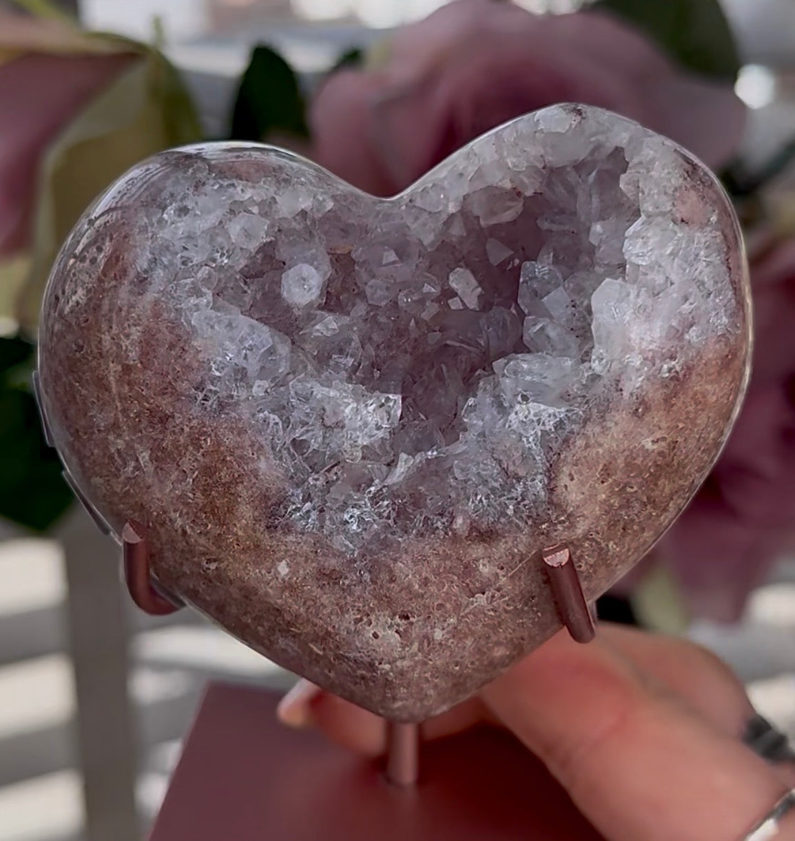 Hq pink amethyst heart with druzy - comes with stand