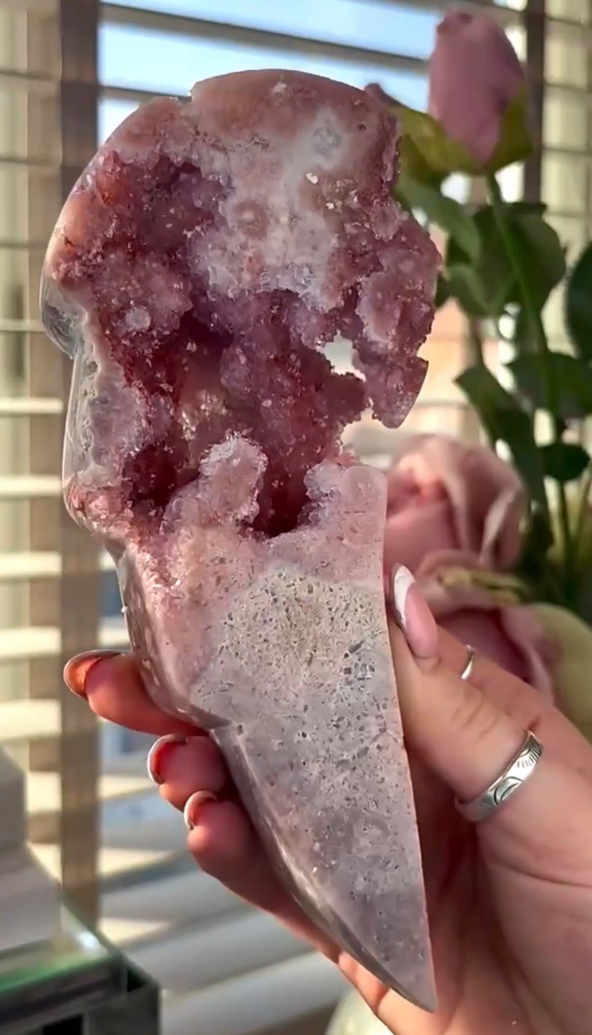 High quality, pink amethyst wings in reddish/deep pink tone - comes with stand