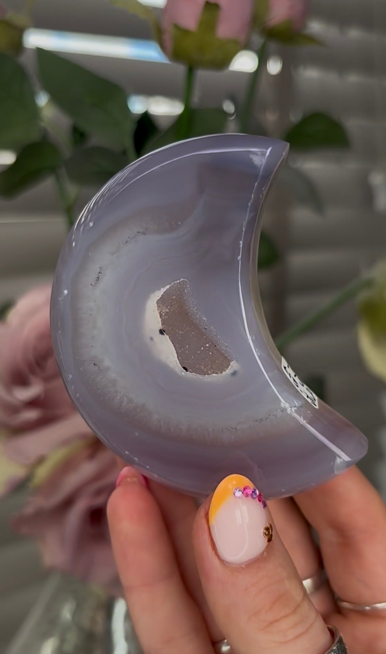 Beautiful, agate moon with druzy - stand included