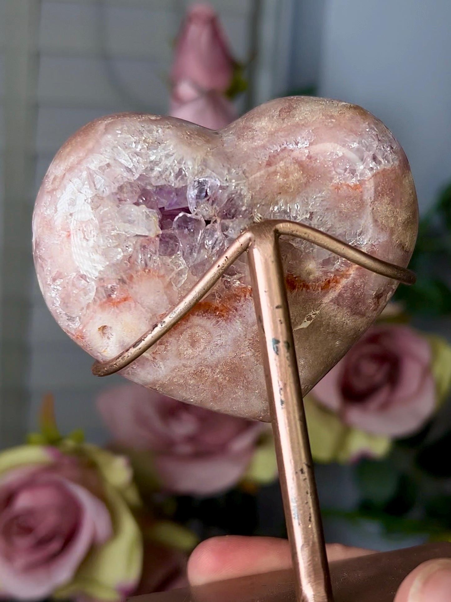 High grade, pink amethyst heart with purple quartz & hematite lining with stand