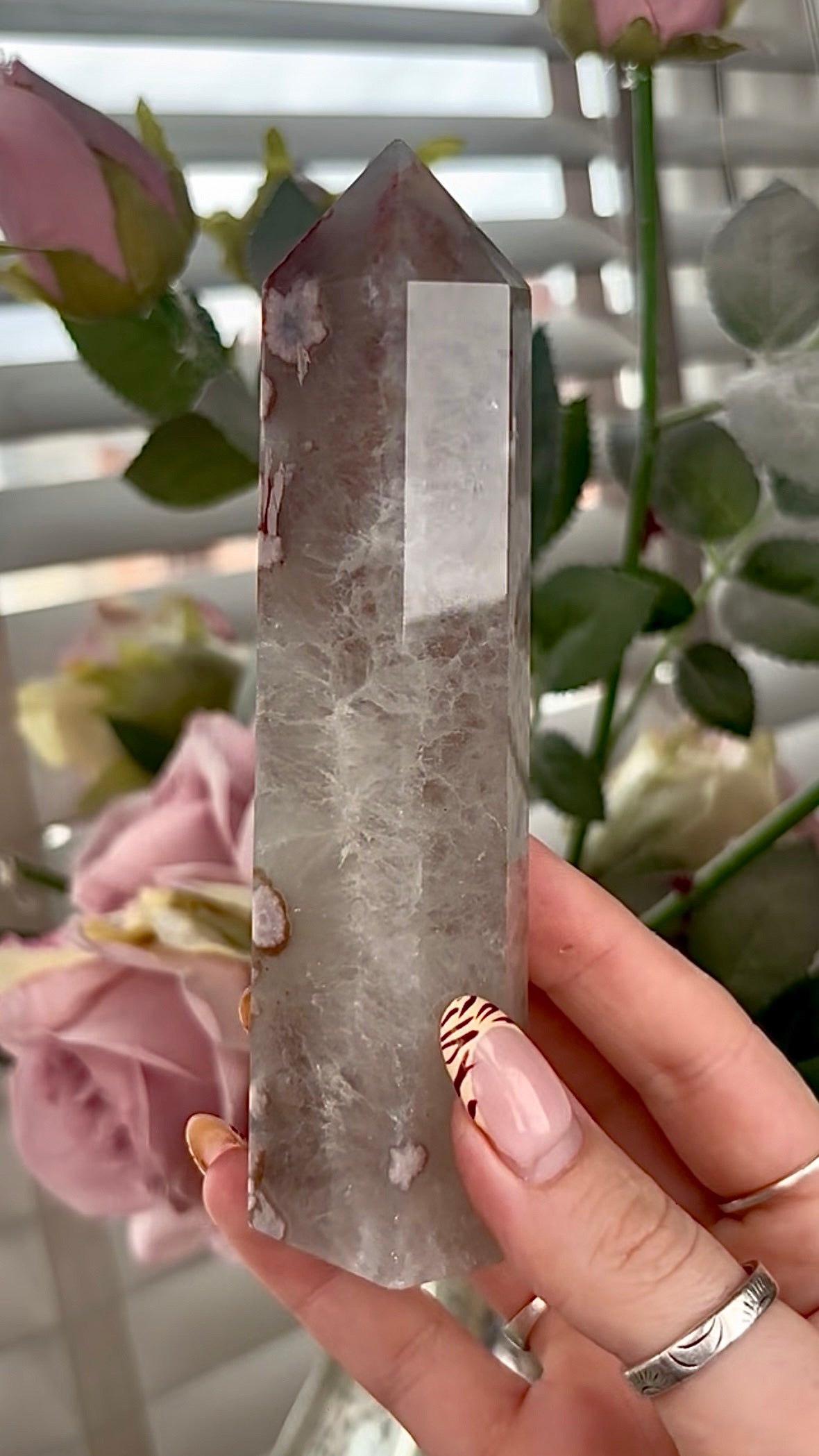 Stunning!! Super high quality, Druzy, green chlorite x blue flower agate tower