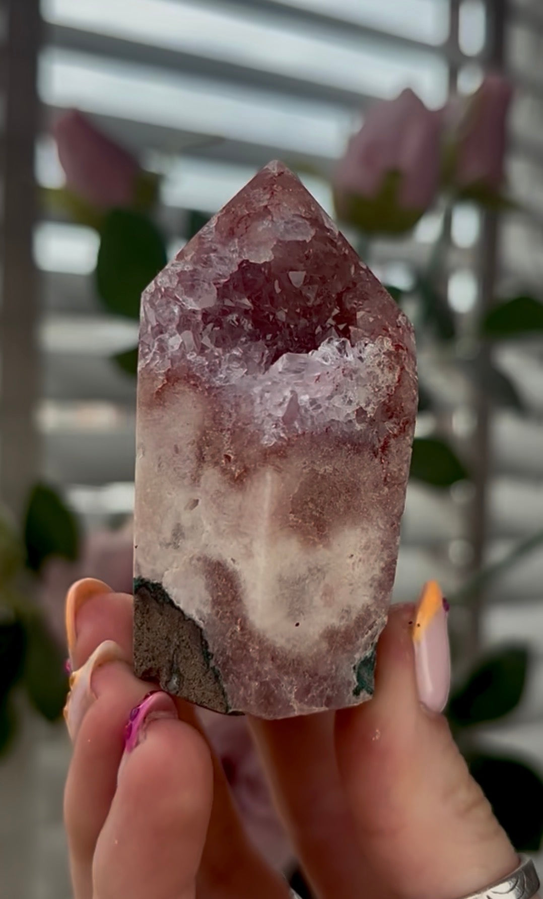 High quality, Pink amethyst tower, with quartz top & Green jasper