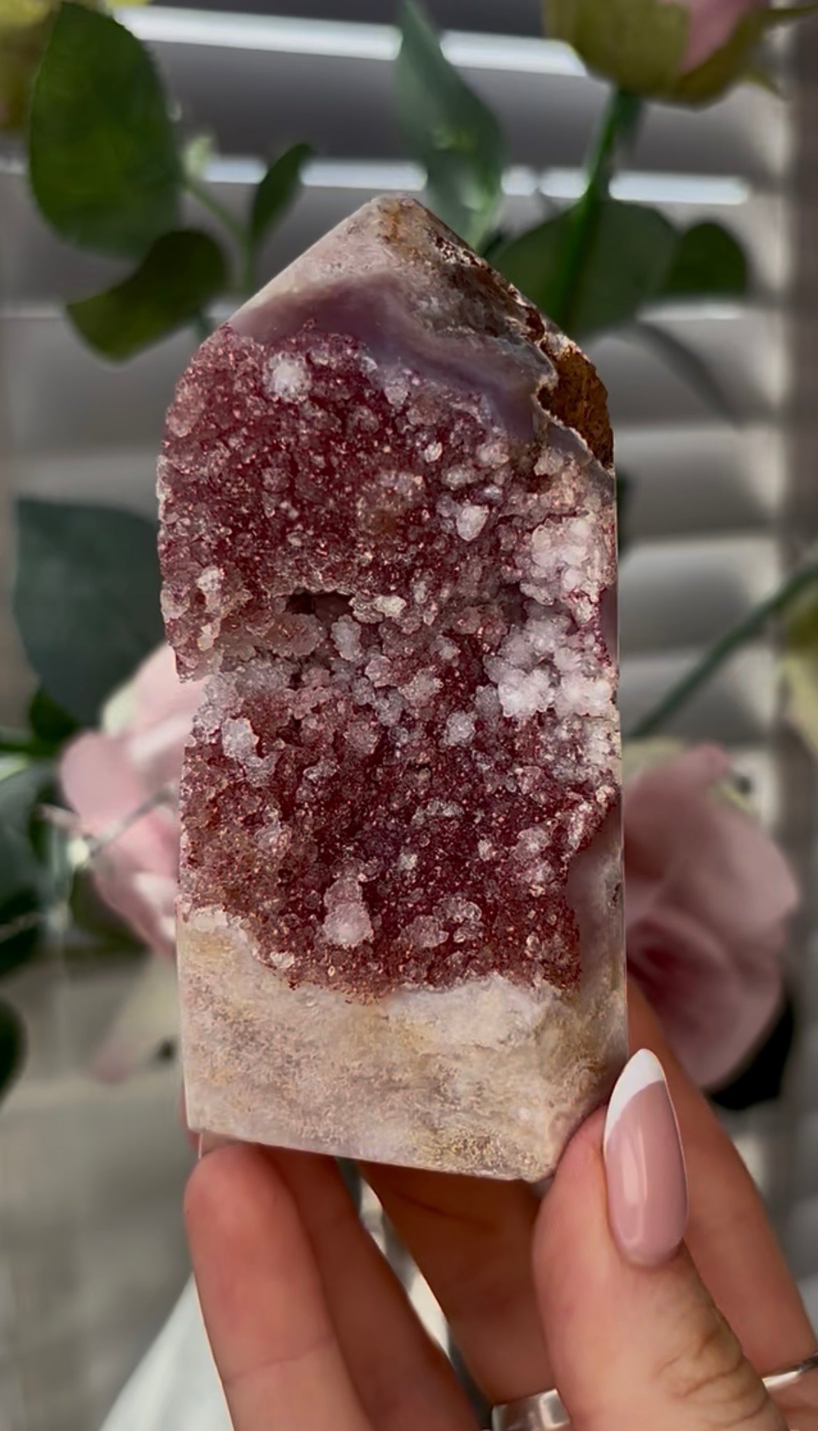 Beautiful, hq, druzy, Pink amethyst tower 10cm(h) by 5cm(w)