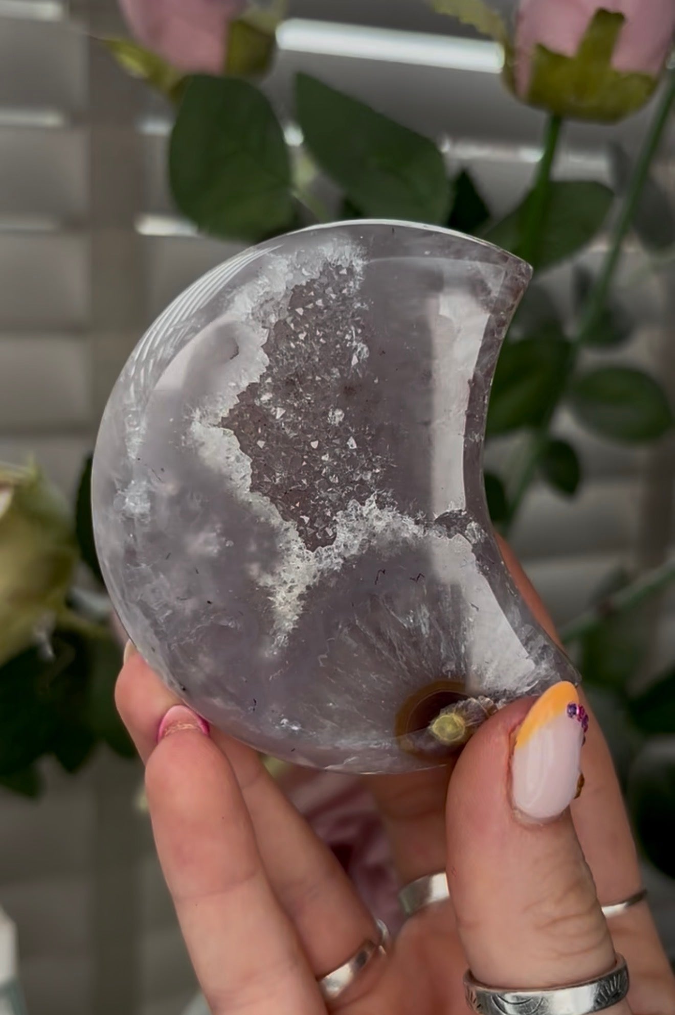 Beautiful, high grade, agate moon with druzy - comes with stand