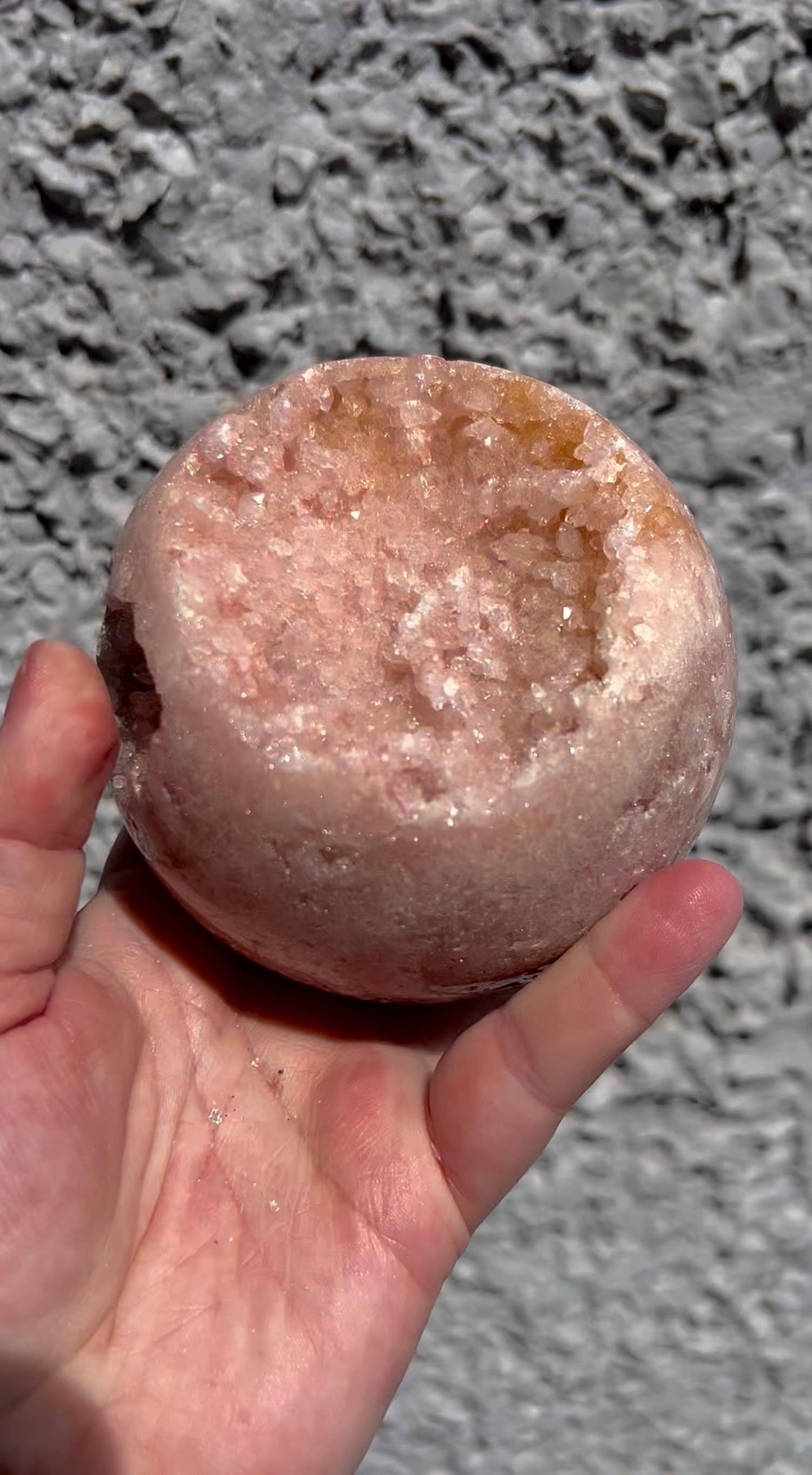 large, vibrant peach toned pink amethyst sphere with sugar druzy cave 1.173kg