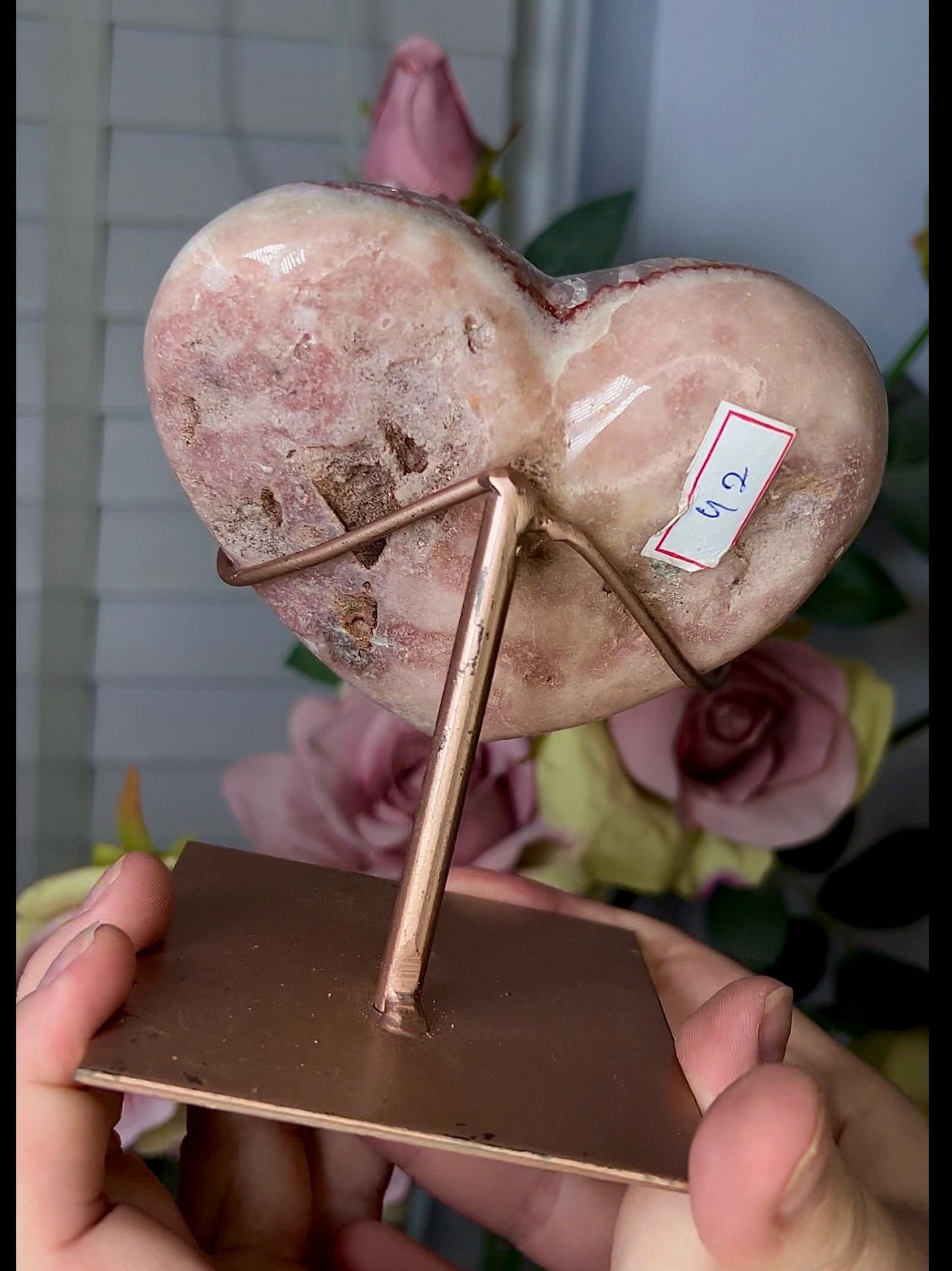 High grade, pink amethyst heart with a Beautiful flower, purple quartz & hematite lining 510g with stand