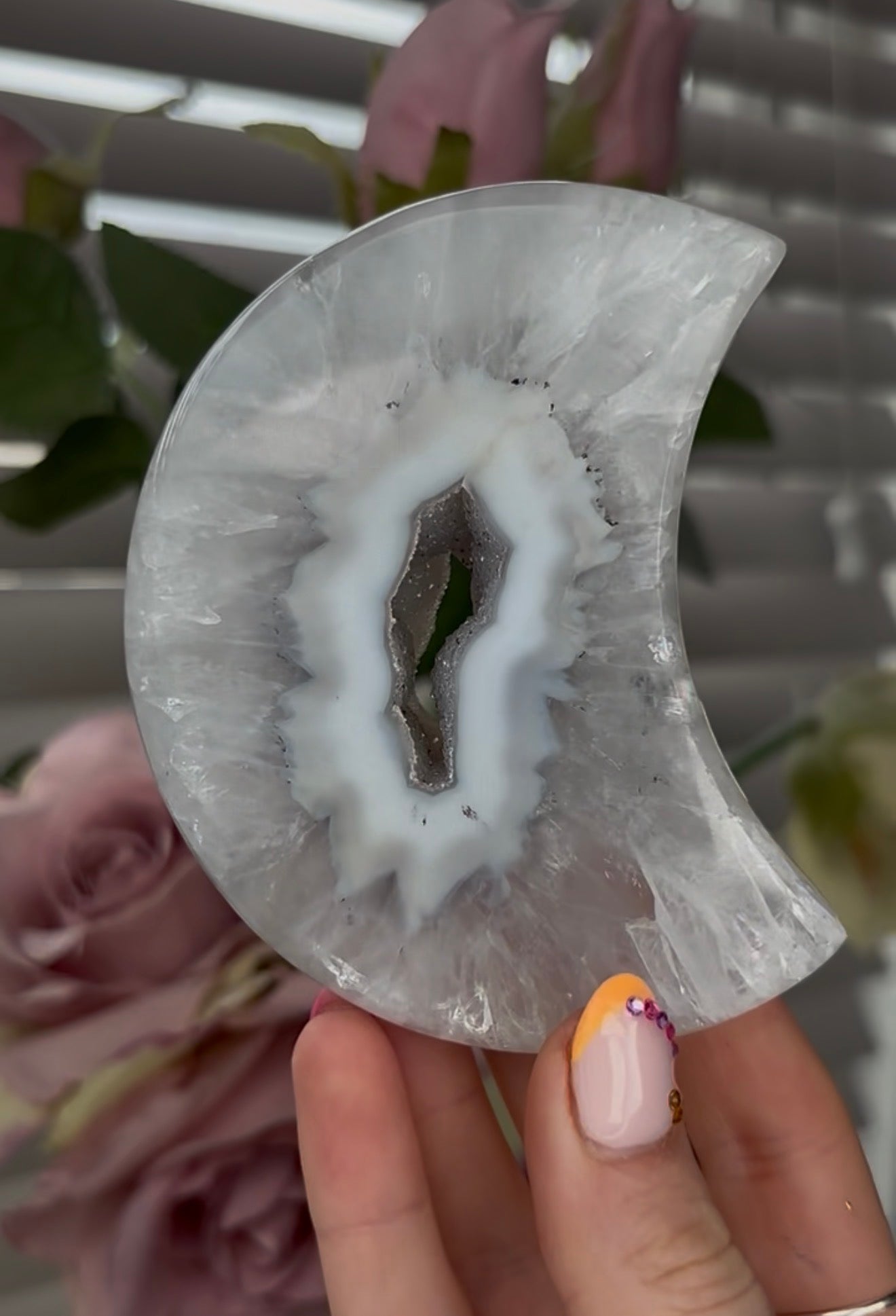 Beautiful, high grade, agate moon with druzy - comes with stand