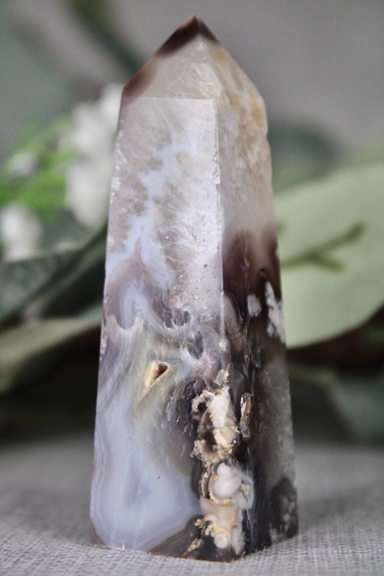 Gorgeous green chlorite tower x black flower agate