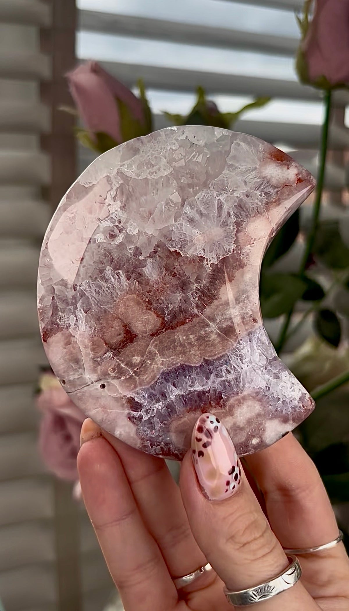 High grade, amethyst Flower agate moon with high clarity quartz