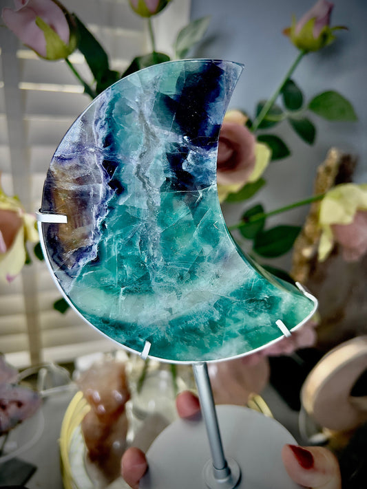 High grade, fluorite moon on silver custom stand