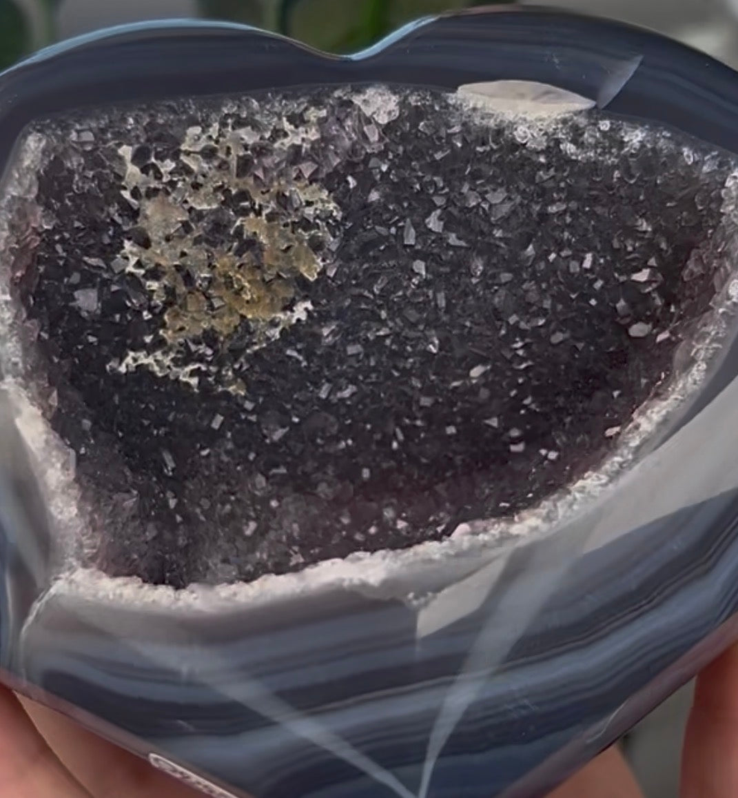 Beautiful, high quality, blue agate heart with druzy - stand included