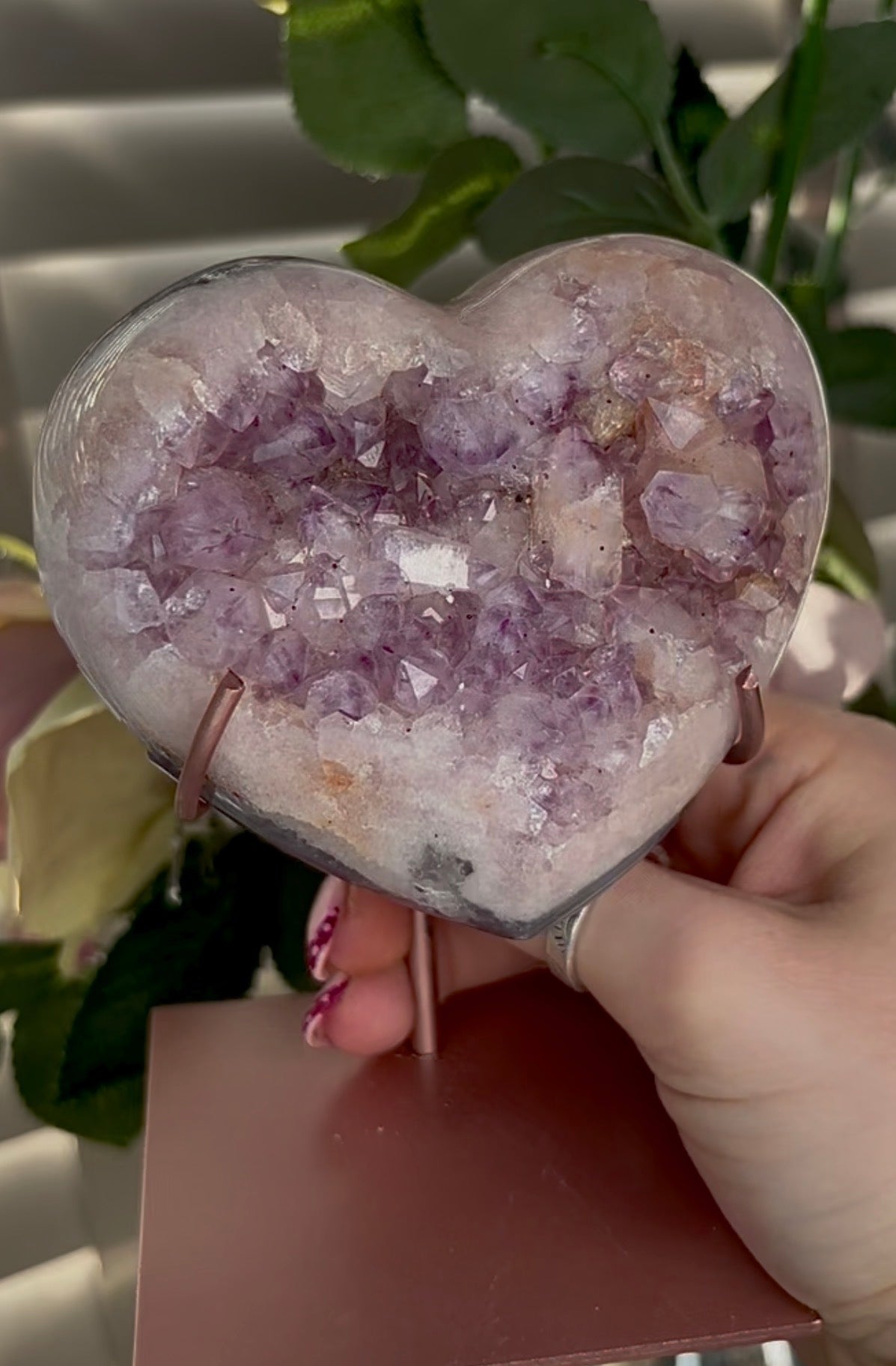 Gorgeous pink amethyst heart with agate and chunky bubble gum Druze  - comes with stand