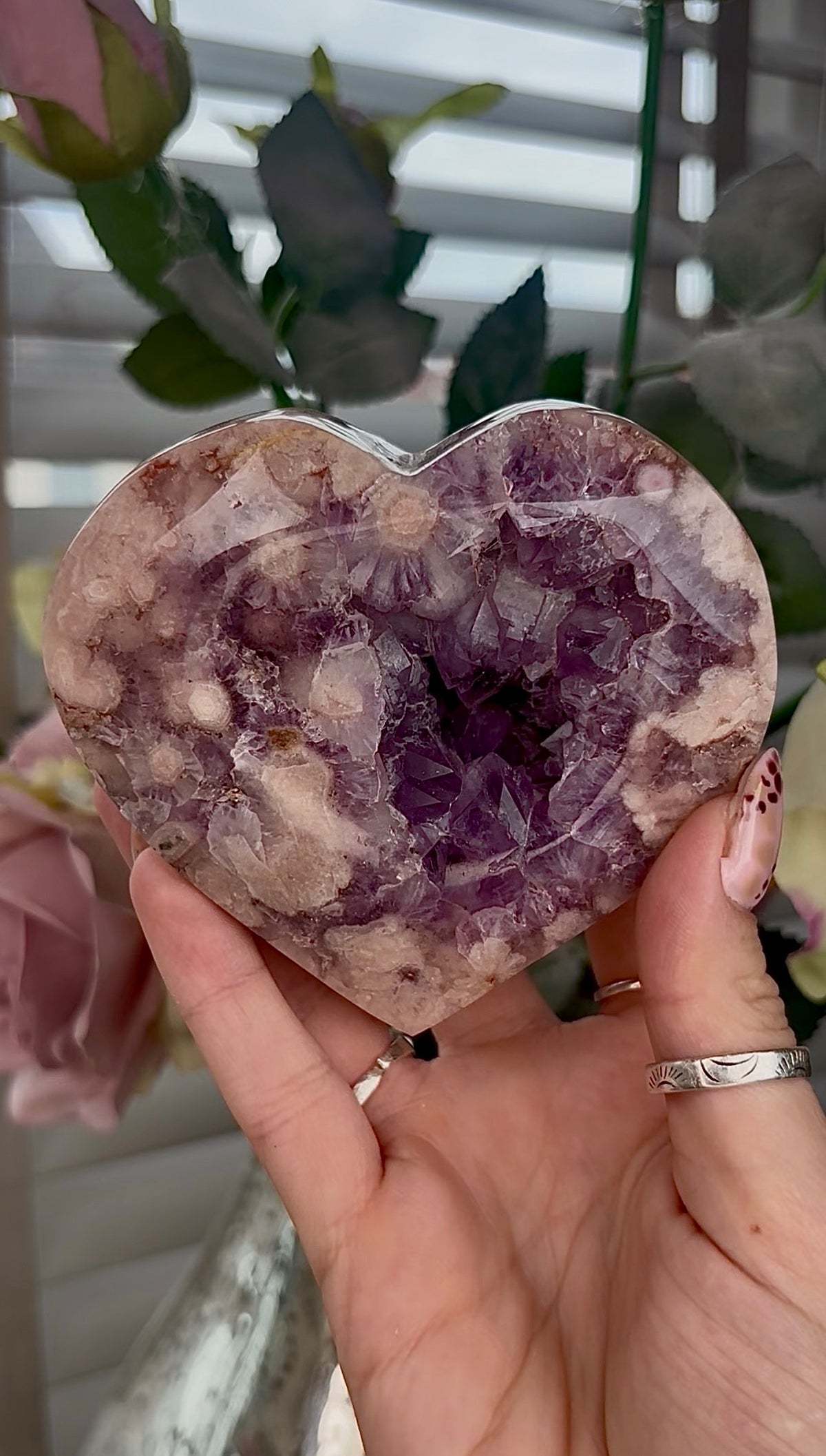 High grade, Amethyst Flower agate heart with stand