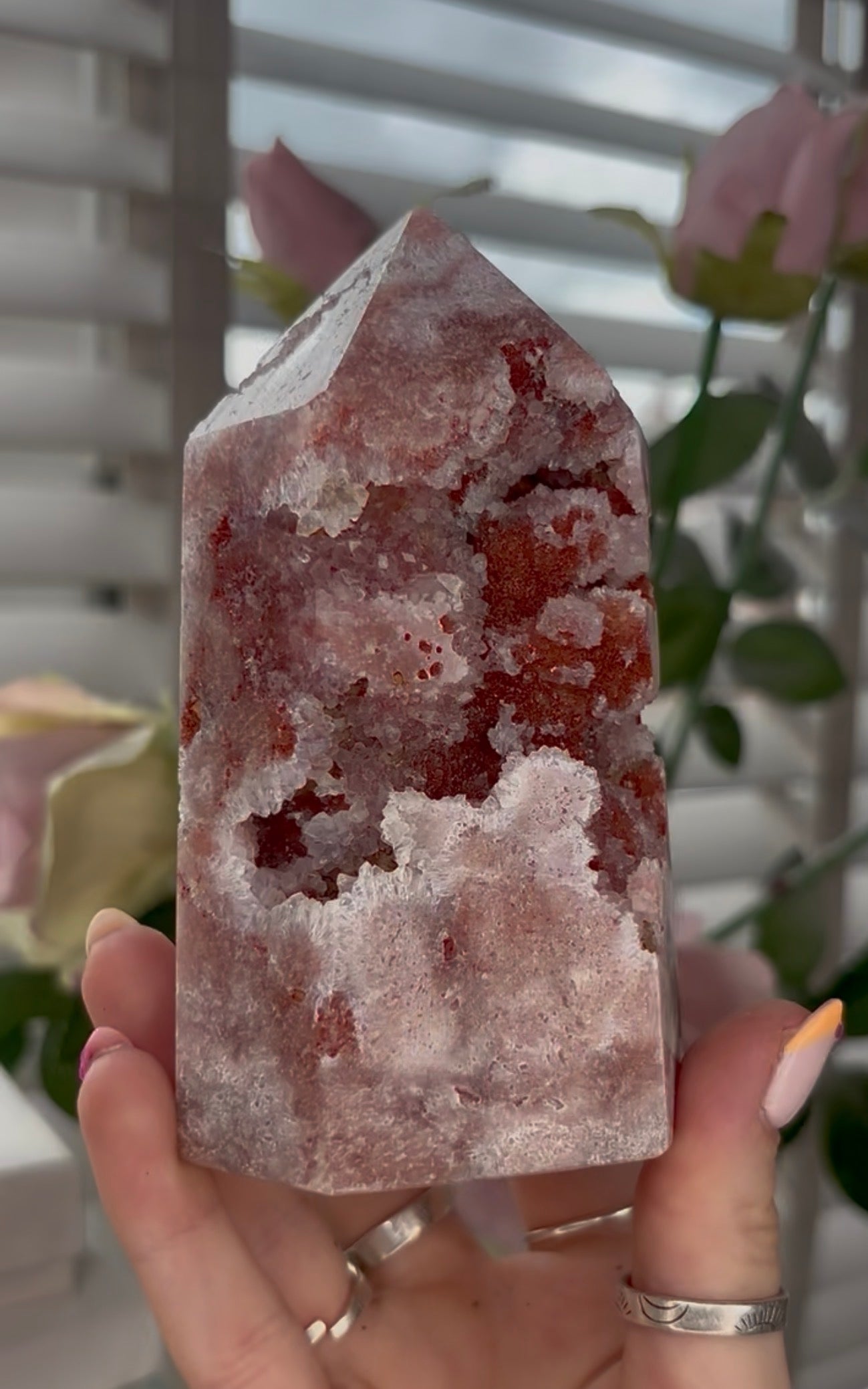 Pretty, high quality, Pink amethyst tower, in a red tone