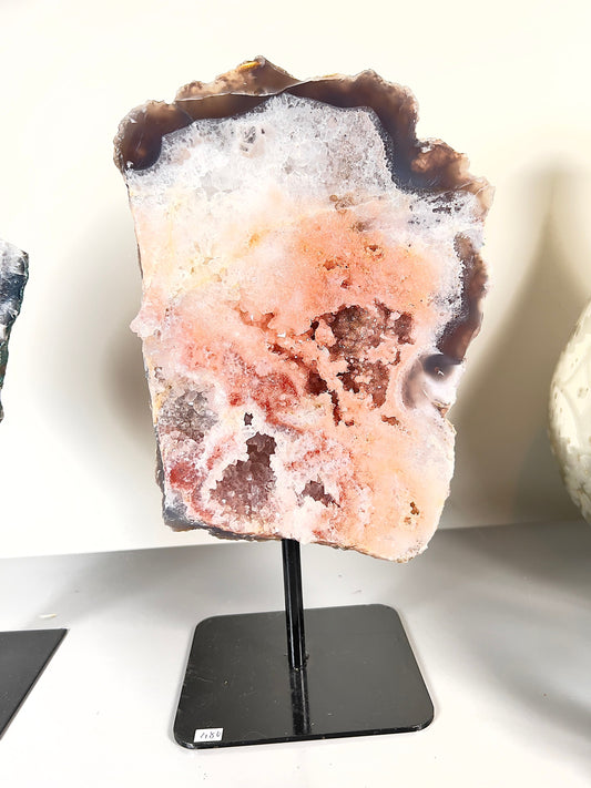 Peach, pink amethyst slab on stand  with smoky, clear and red crystallisation