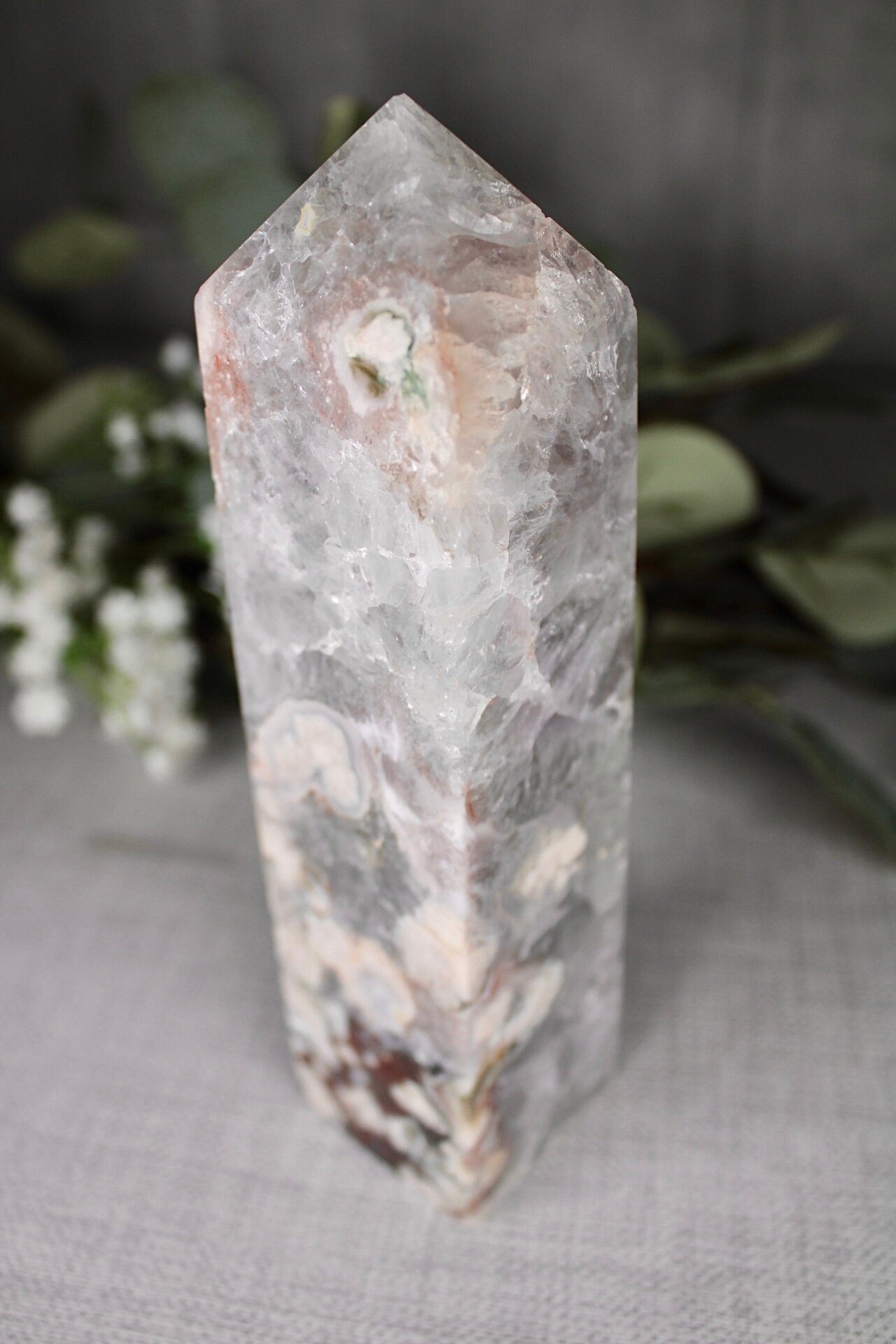 Green chlorite x flower agate tower 635g 16.5cm (H) 4.5cm (W)