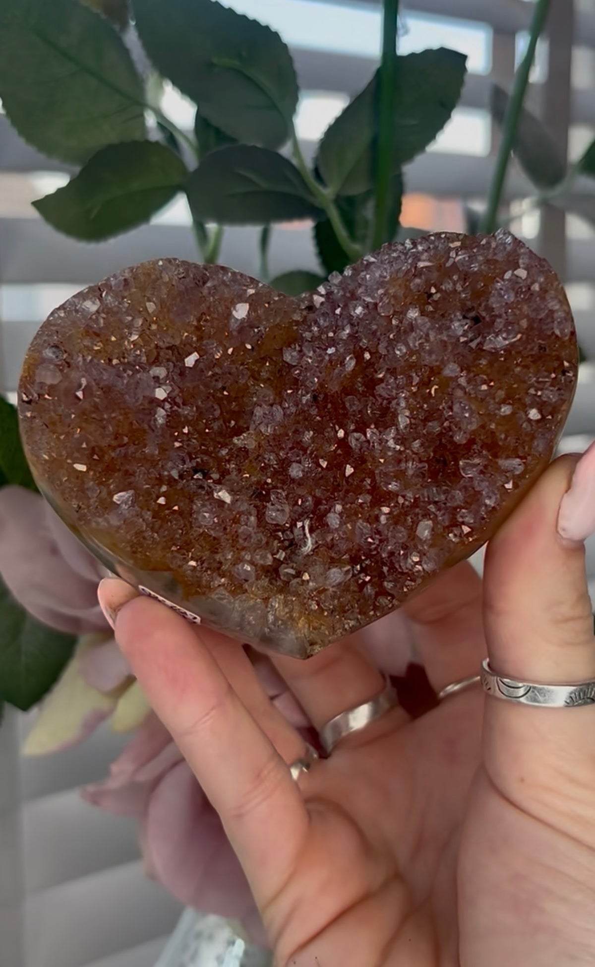 Uruguay, rainbow amethyst heart - comes with stand in orange/purple tones