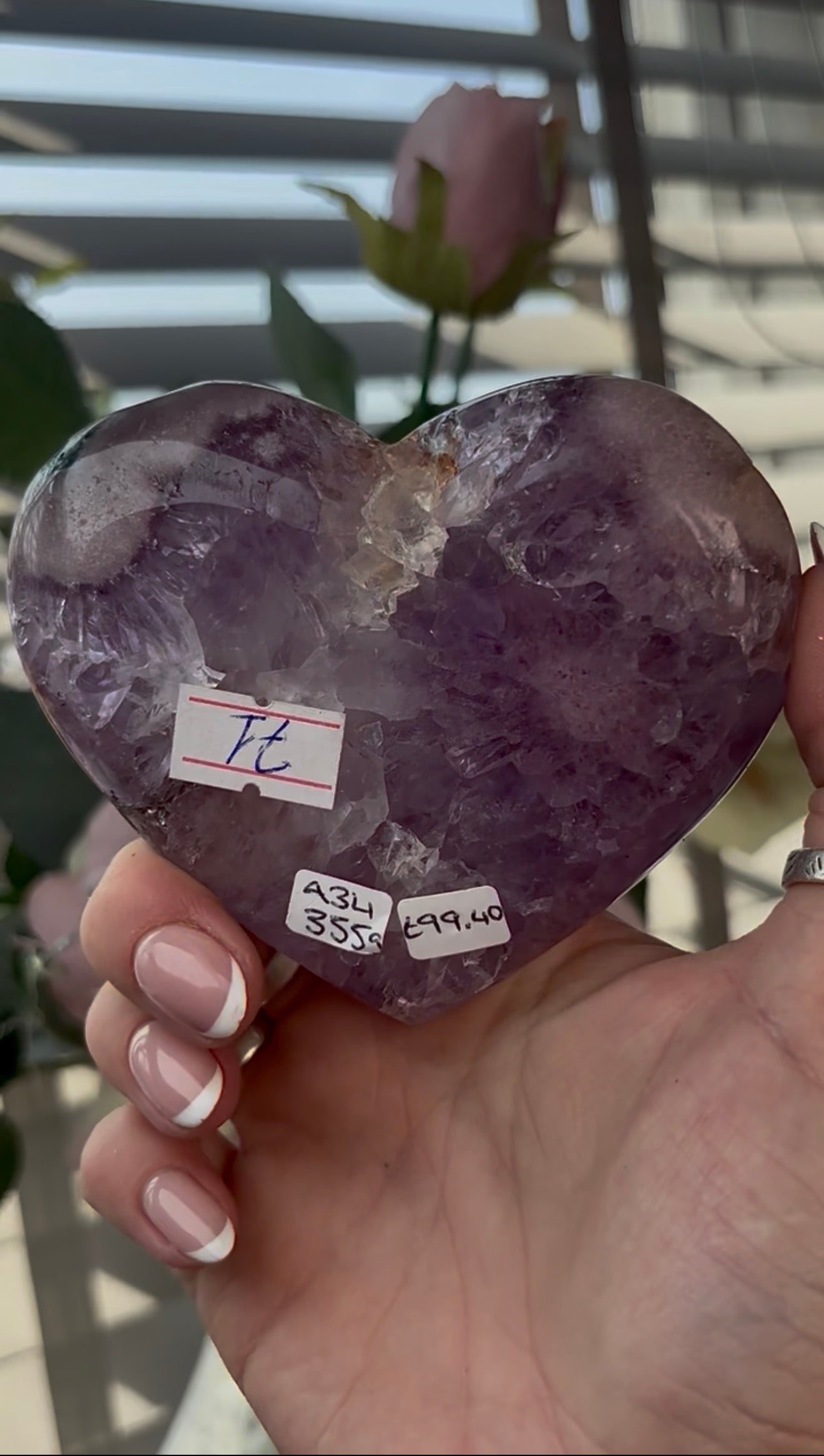 Gorgeous, high quality, pink amethyst heart with purple quartz - comes with stand