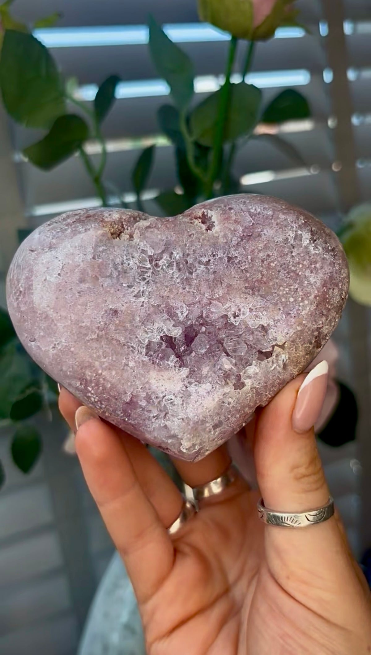 Gorgeous, pink amethyst heart - comes with stand