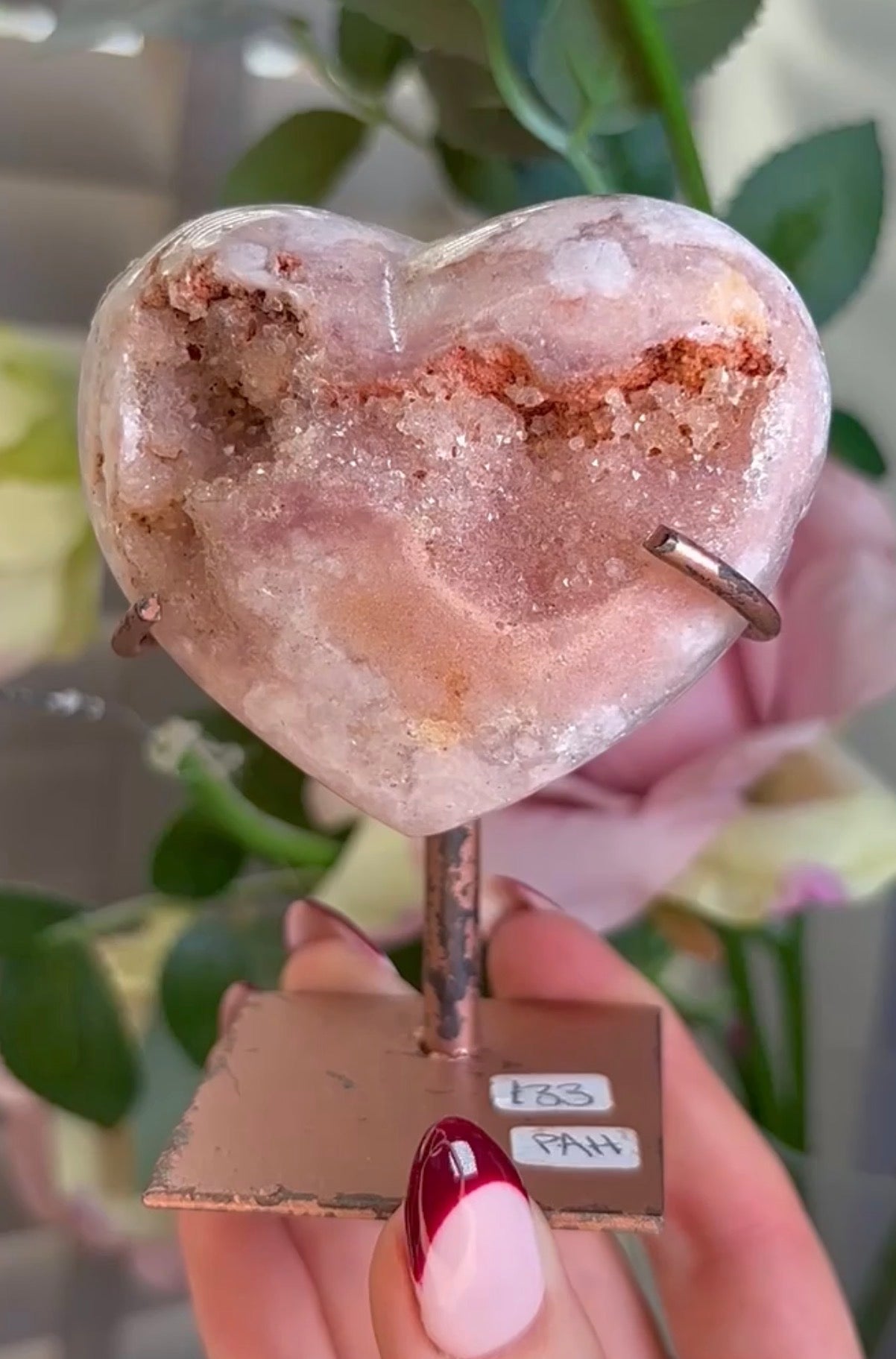 pink amethyst heart - comes with stand