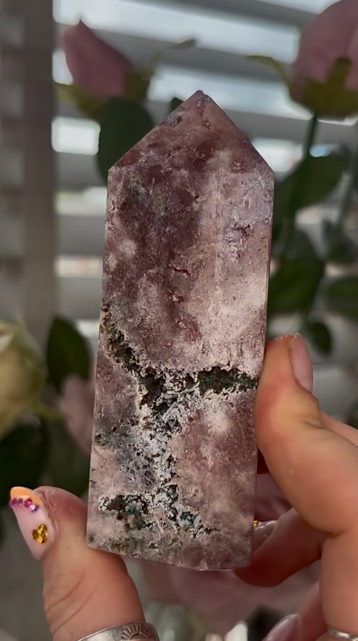 Pretty, Pink amethyst tower, with purple quartz druzy & green jasper