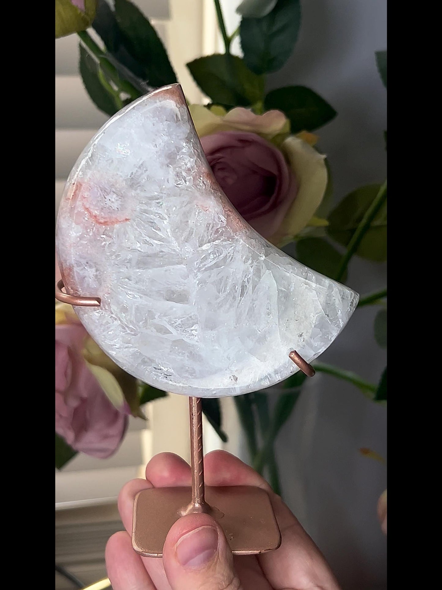 High grade, pink amethyst moon with covered in mostly rainbow quartz 420g