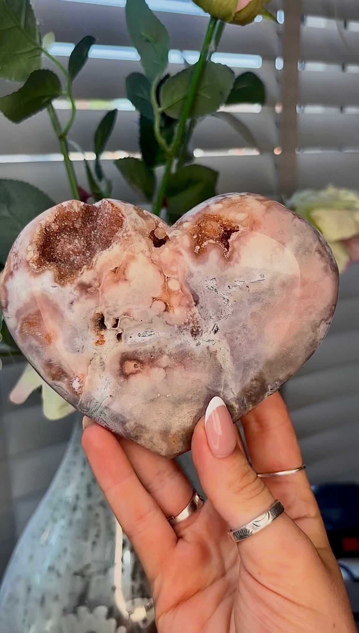 Gorgeous, pink amethyst heart- comes with stand