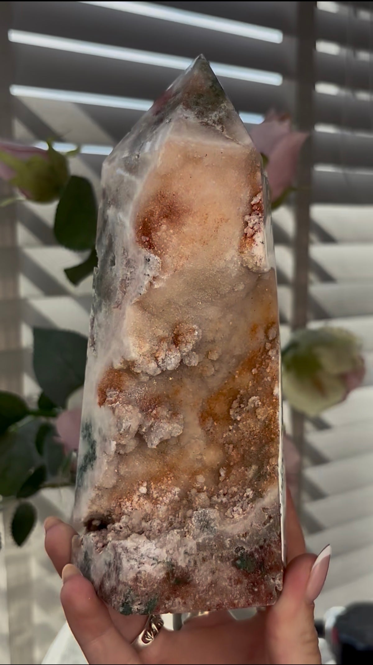 Beautiful, Pink amethyst tower with Jasper 19.5cm(h) by 7.5cm(w)