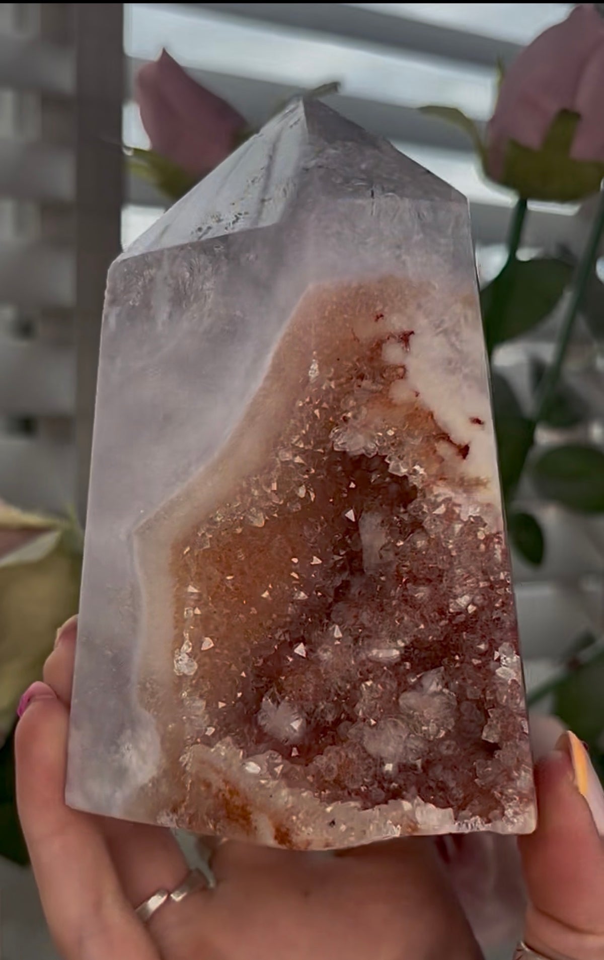 Large, High quality, Pink amethyst tower, with orange druzy