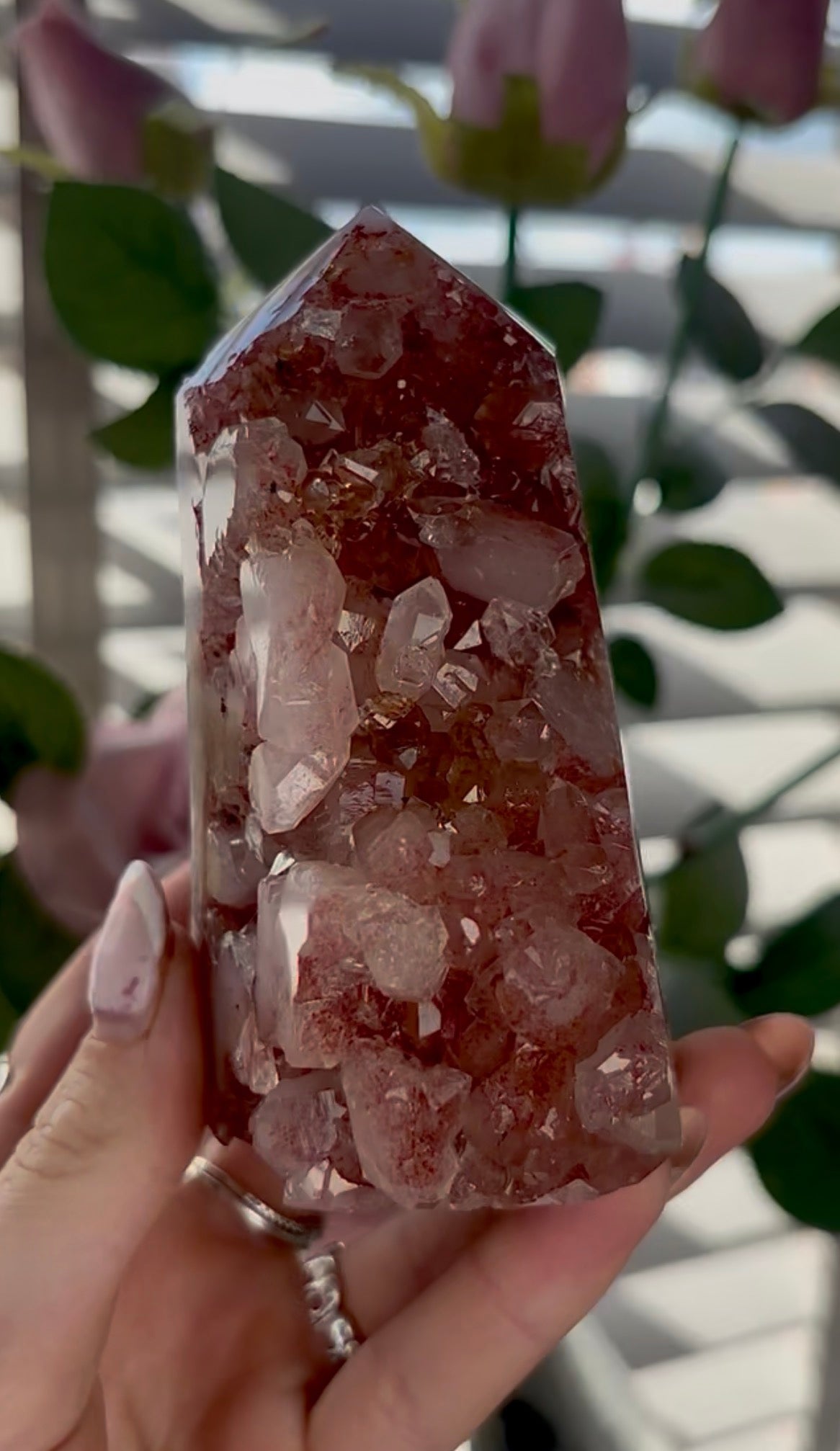 Beautiful, high quality, Pink amethyst tower in burnt orange/red tones with chewing gum druzy