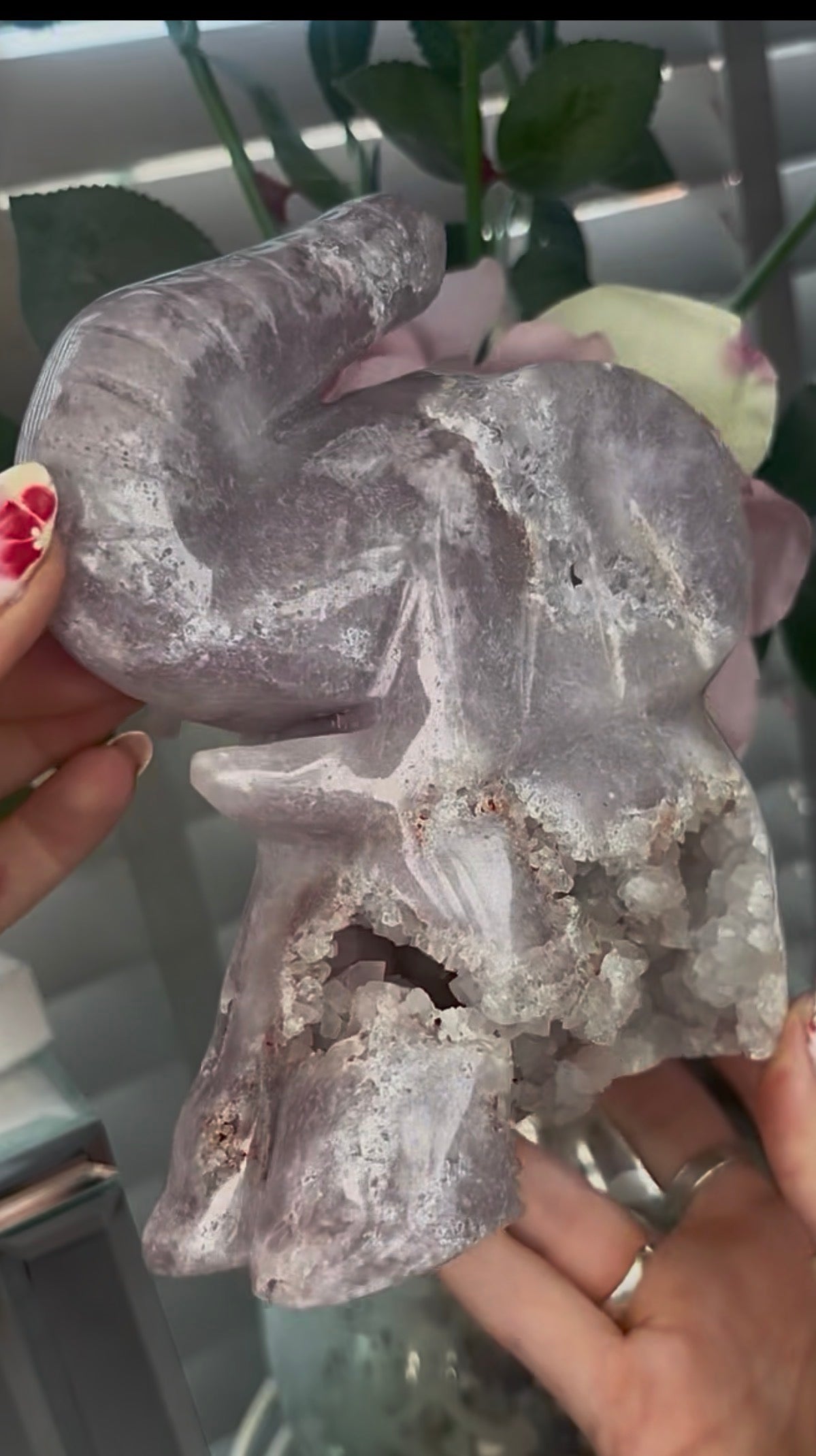 High grade, pink amethyst elephant carving with chunky druzy