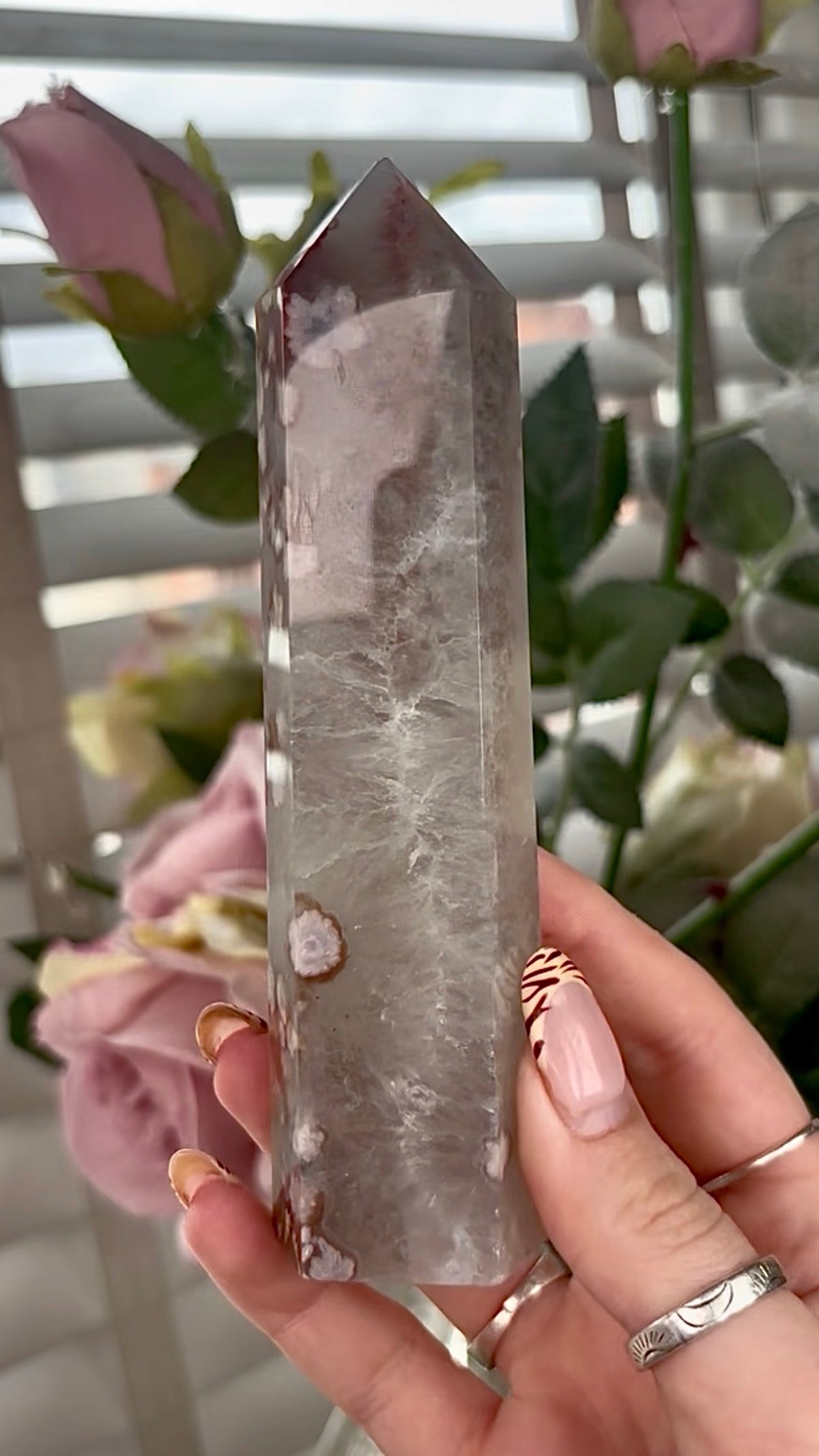 Stunning!! Super high quality, Druzy, green chlorite x blue flower agate tower
