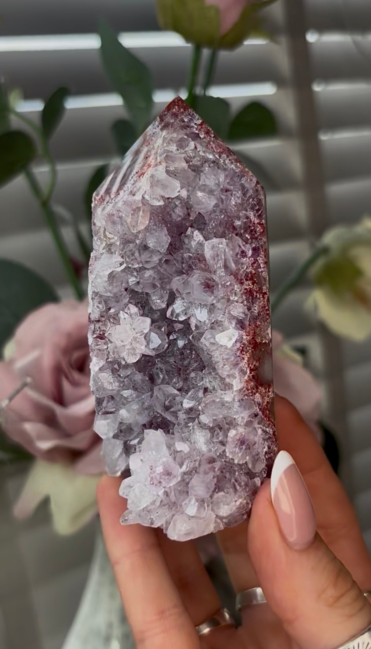Beautiful, hq, druzy, Pink amethyst tower 10cm(h) by 6cm(w)