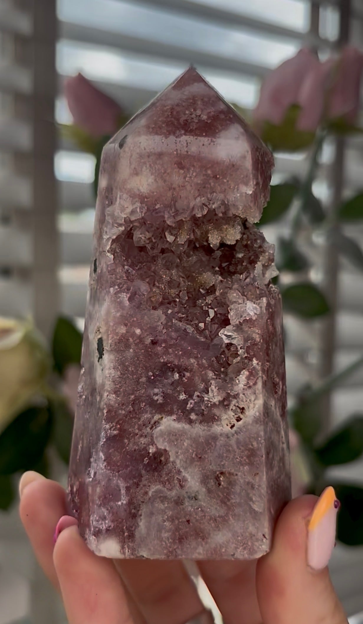 Pretty, Pink amethyst tower with Druzy