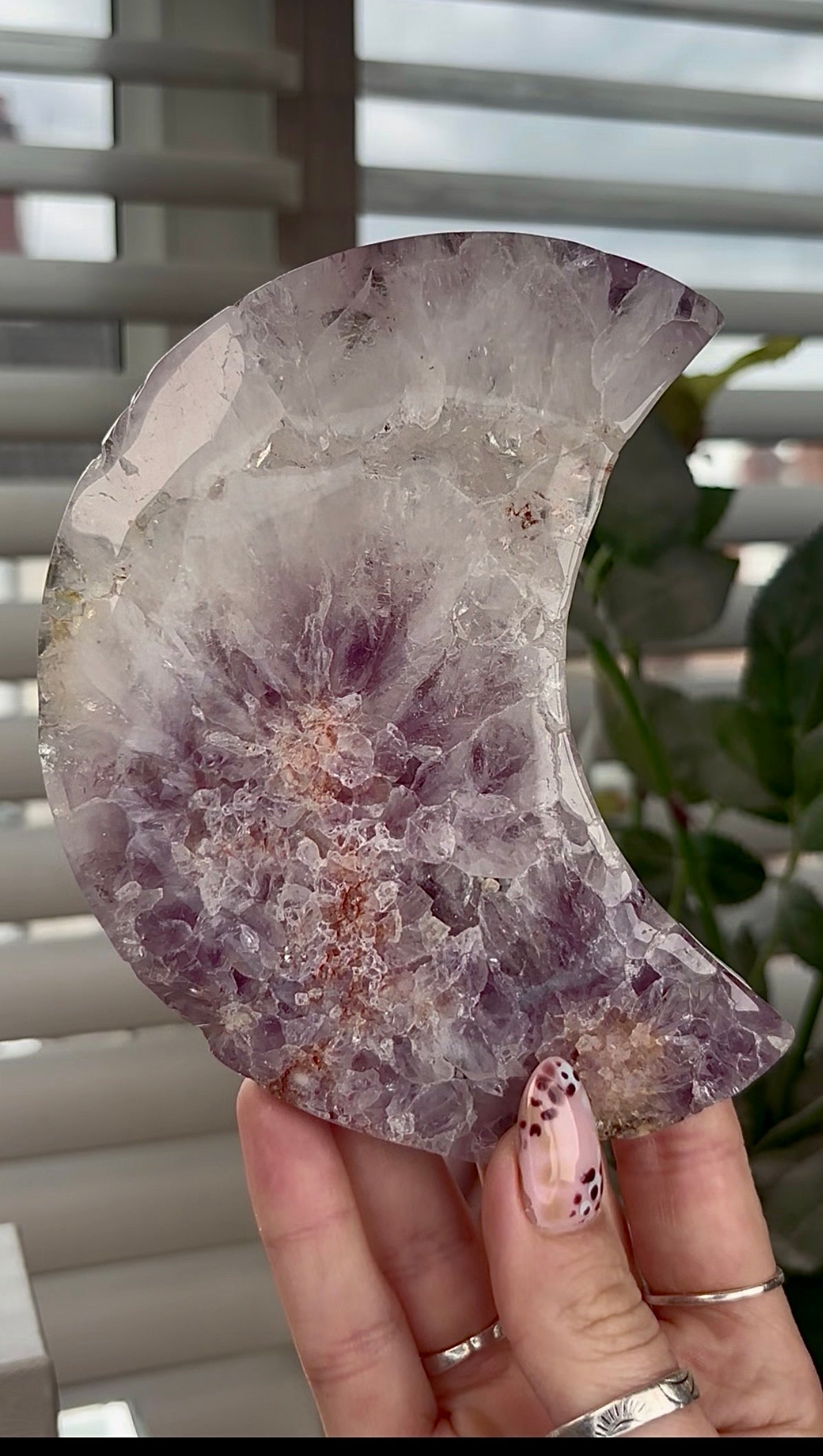 High grade, amethyst Flower agate moon with high clarity quartz