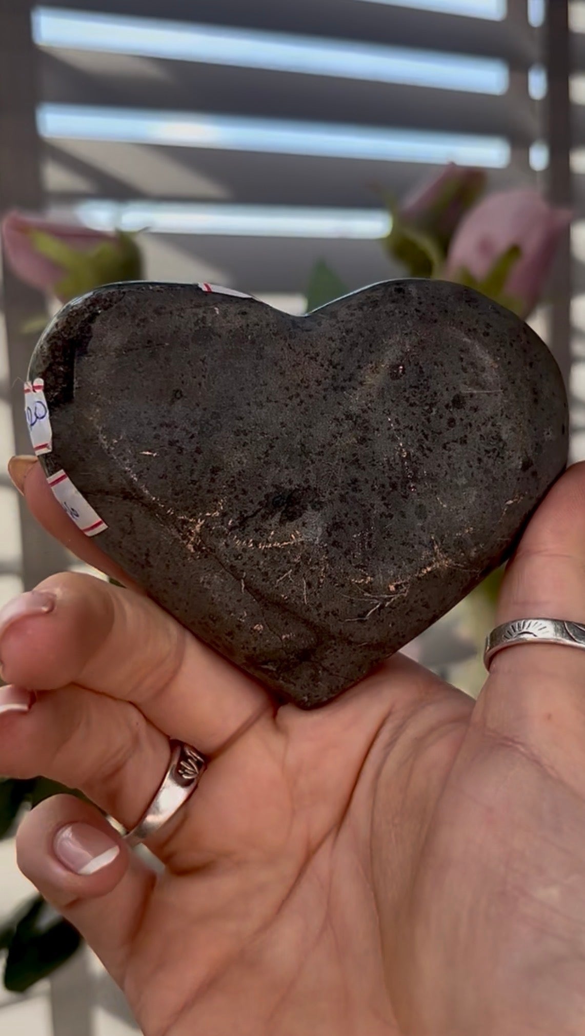 Black Uruguay amethyst heart with calcite - comes with stand