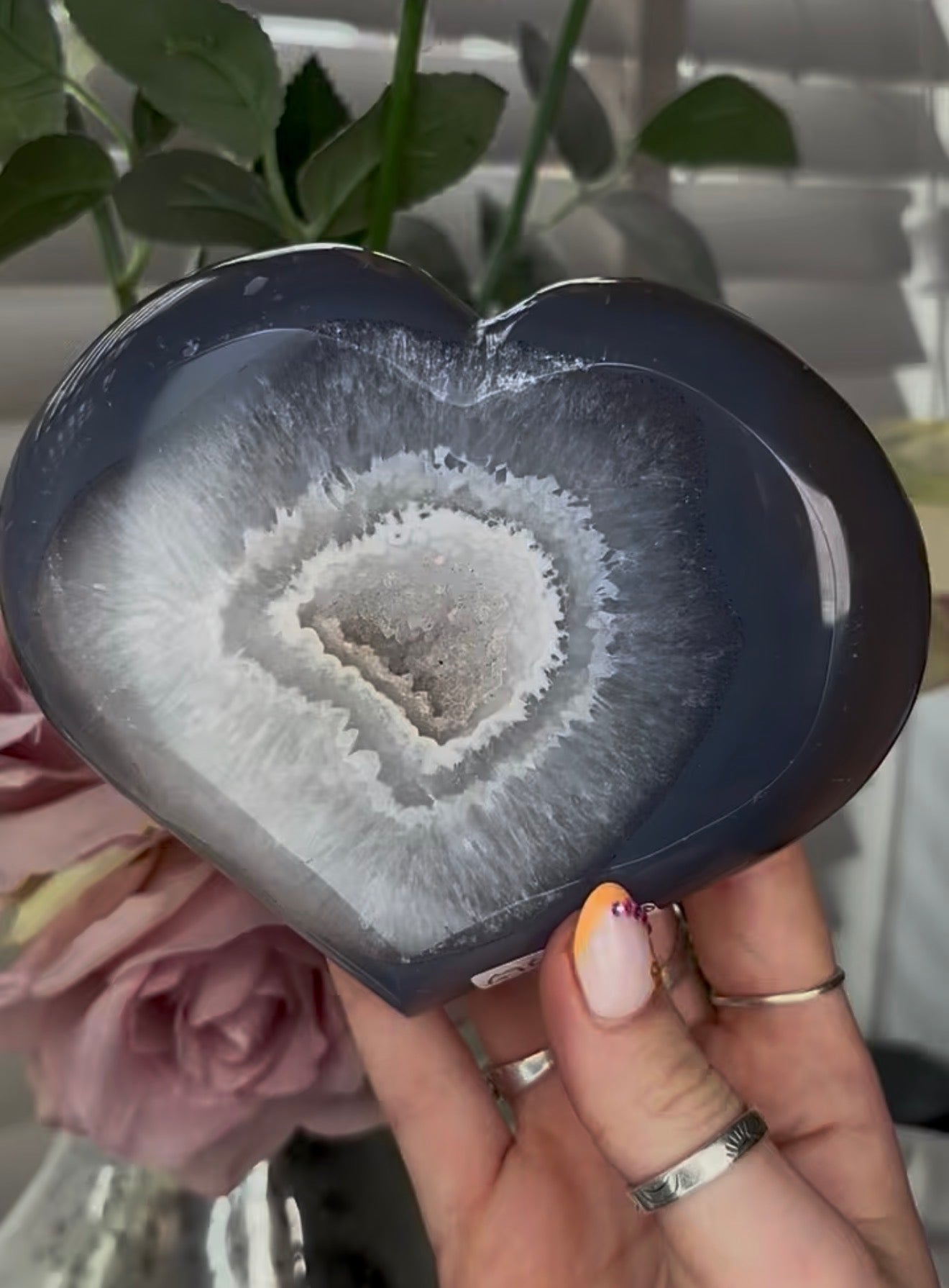 Beautiful, high grade, blue agate heart with druzy - comes with stand